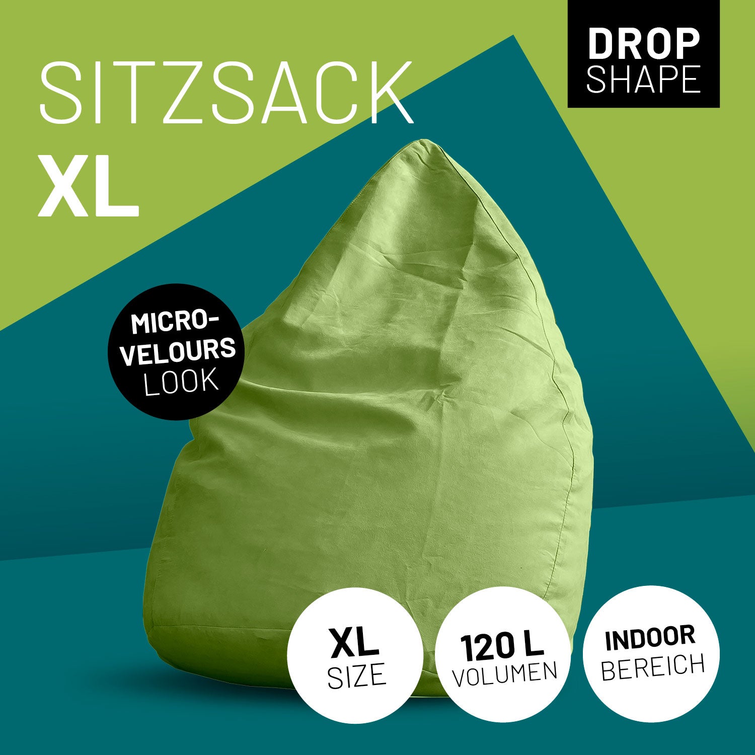 XL Sitzkissen in Grün mit Icons "Drop Shape", "Microvelours Look", "XL Size", "120 L Volumen" und "Indoor".
