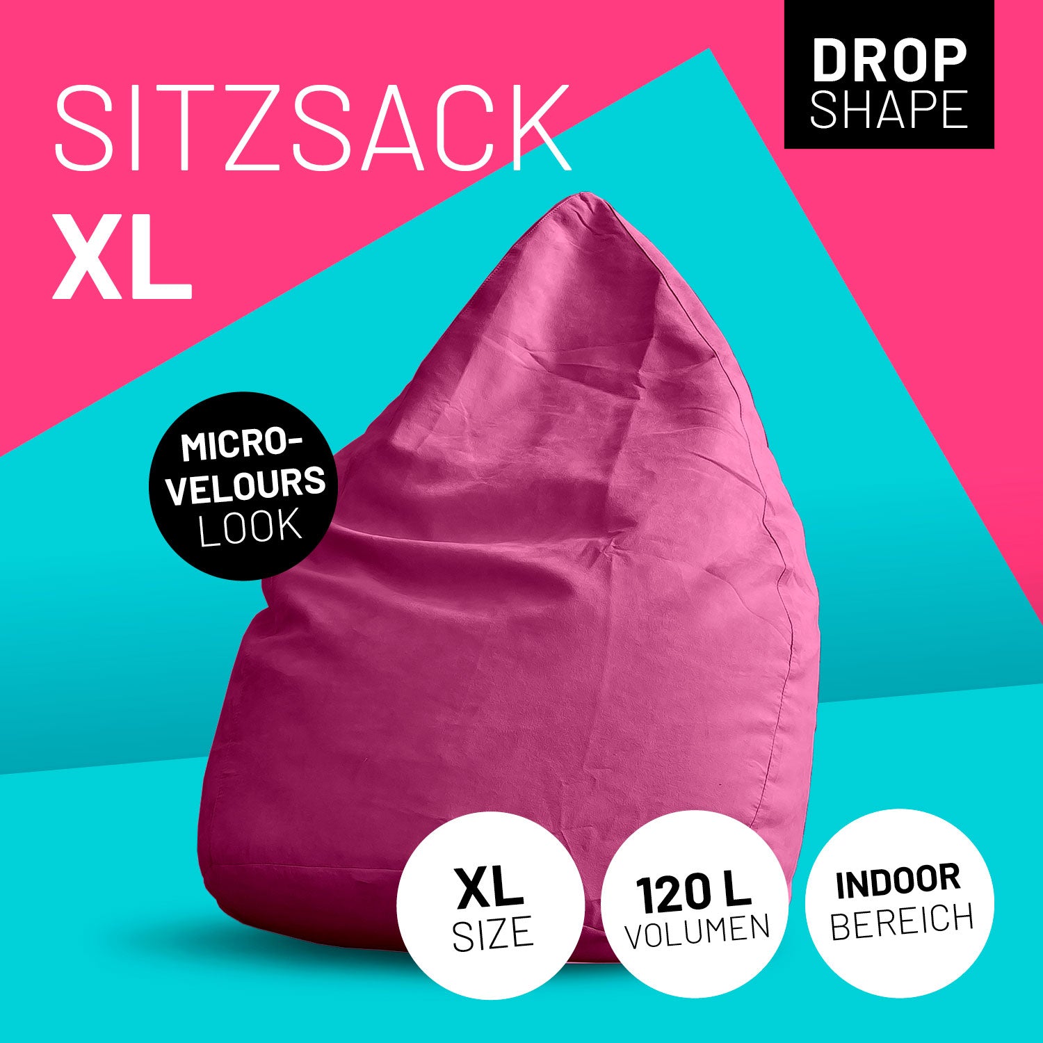 XL Sitzkissen in Pink mit Icons "Drop Shape", "Microvelours Look", "XL Size", "120 L Volumen" und "Indoor".
