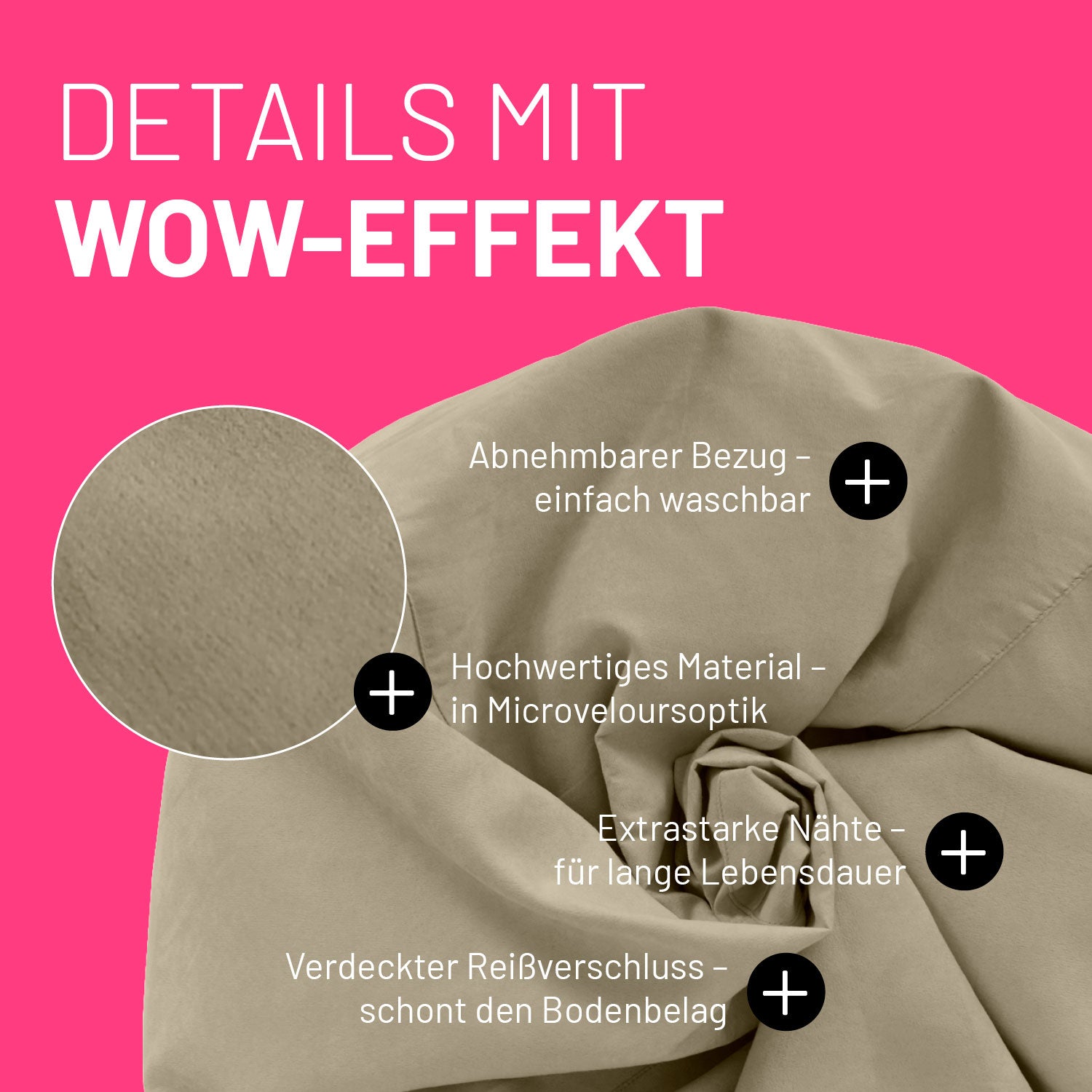 Beige Sitzsack im Detail mit Informationen zu "Waschbarer Bezug", "Verdeckter Reißverschluss" und "Extrastarke Nähte".