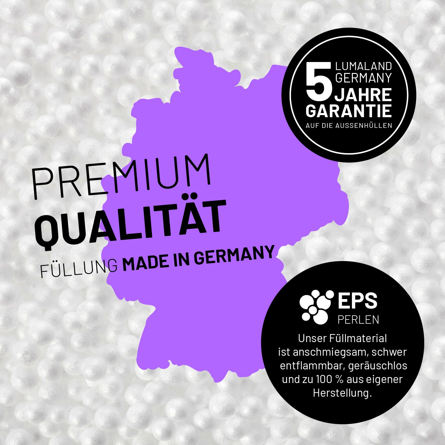 Umrisse der Deutschland-Karte mit Hinweis auf die EPS-Perlen und LUMALAND Germany 5 Jahre Garantie auf die Aussenhülle.