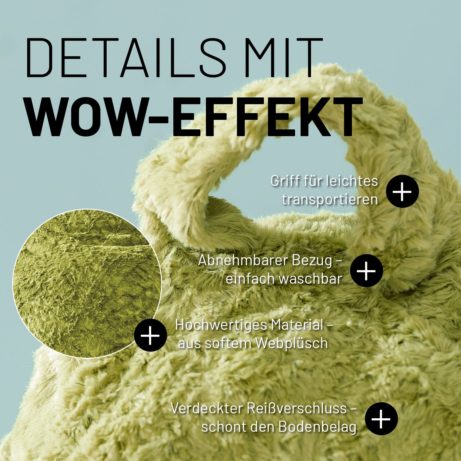 Sitzsack im Detail mit Informationen zum "Griff", "waschbaren Bezug", "Hochwertigen Material" und "Verdeckter Reißverschluss".