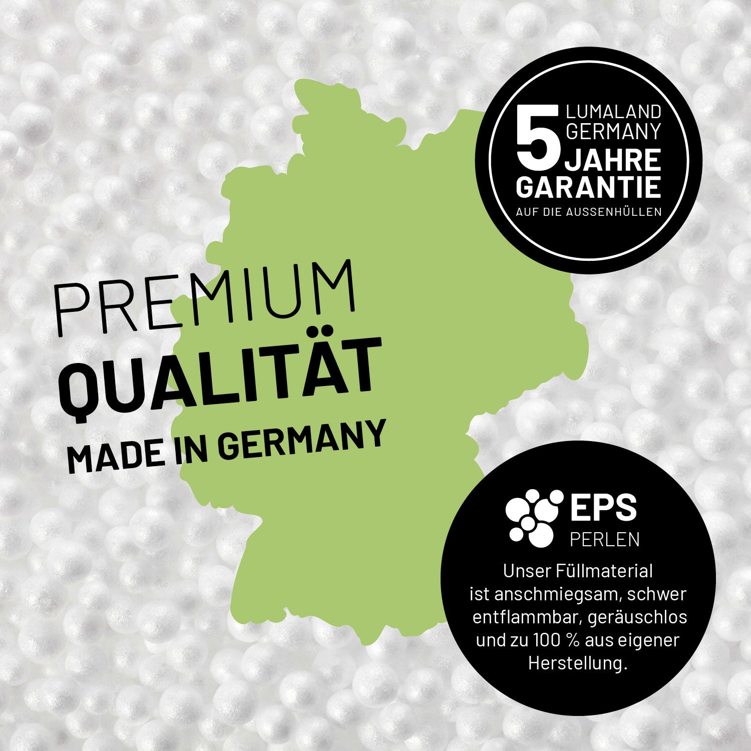 Umrisse der Deutschland-Karte mit Hinweis auf die EPS-Perlen und LUMALAND Germany 5 Jahre Garantie auf die Aussenhülle.
