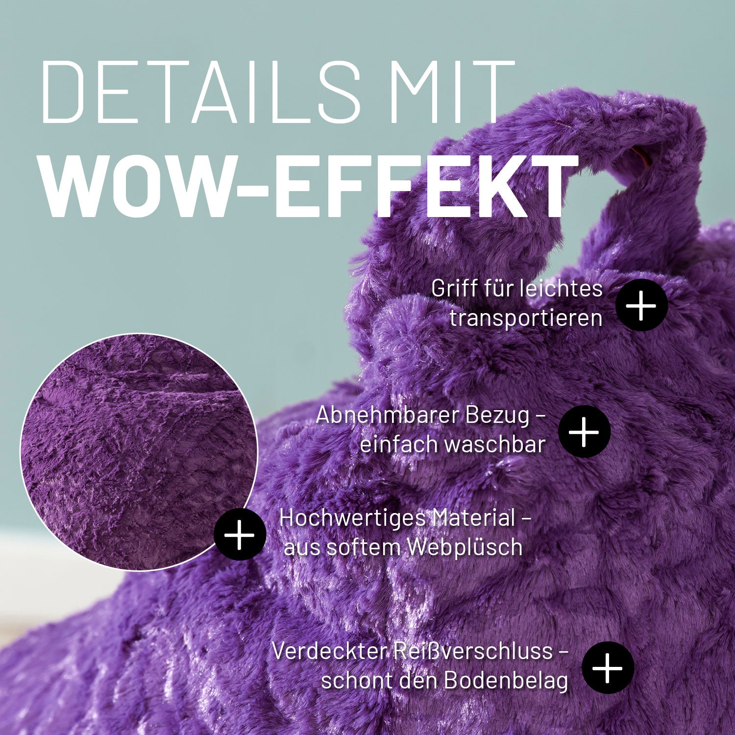 Sitzsack im Detail mit Informationen zum "Griff", "waschbaren Bezug", "Hochwertigen Material" und "Verdeckter Reißverschluss".