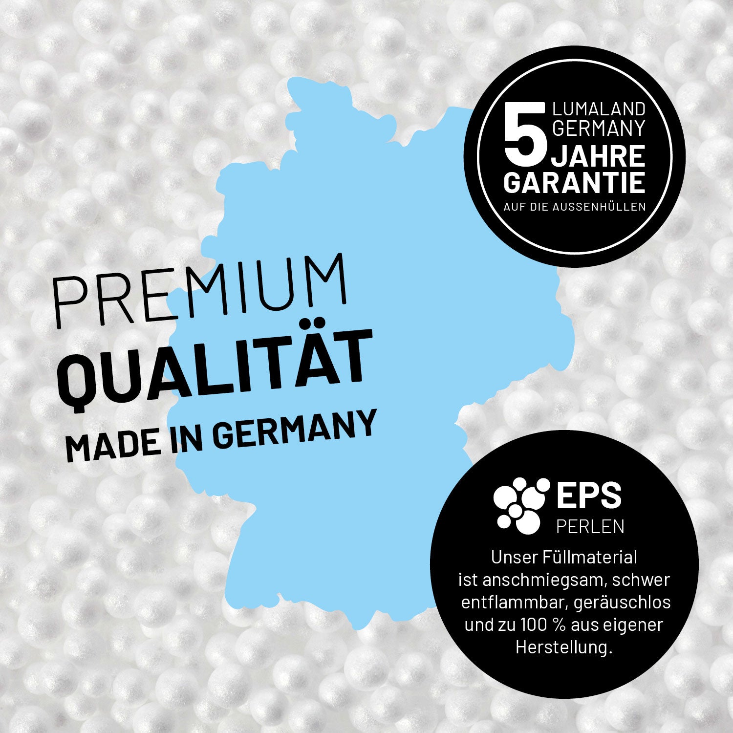 Umrisse der Deutschland-Karte mit Hinweis auf die EPS-Perlen und LUMALAND Germany 5 Jahre Garantie auf die Aussenhülle.