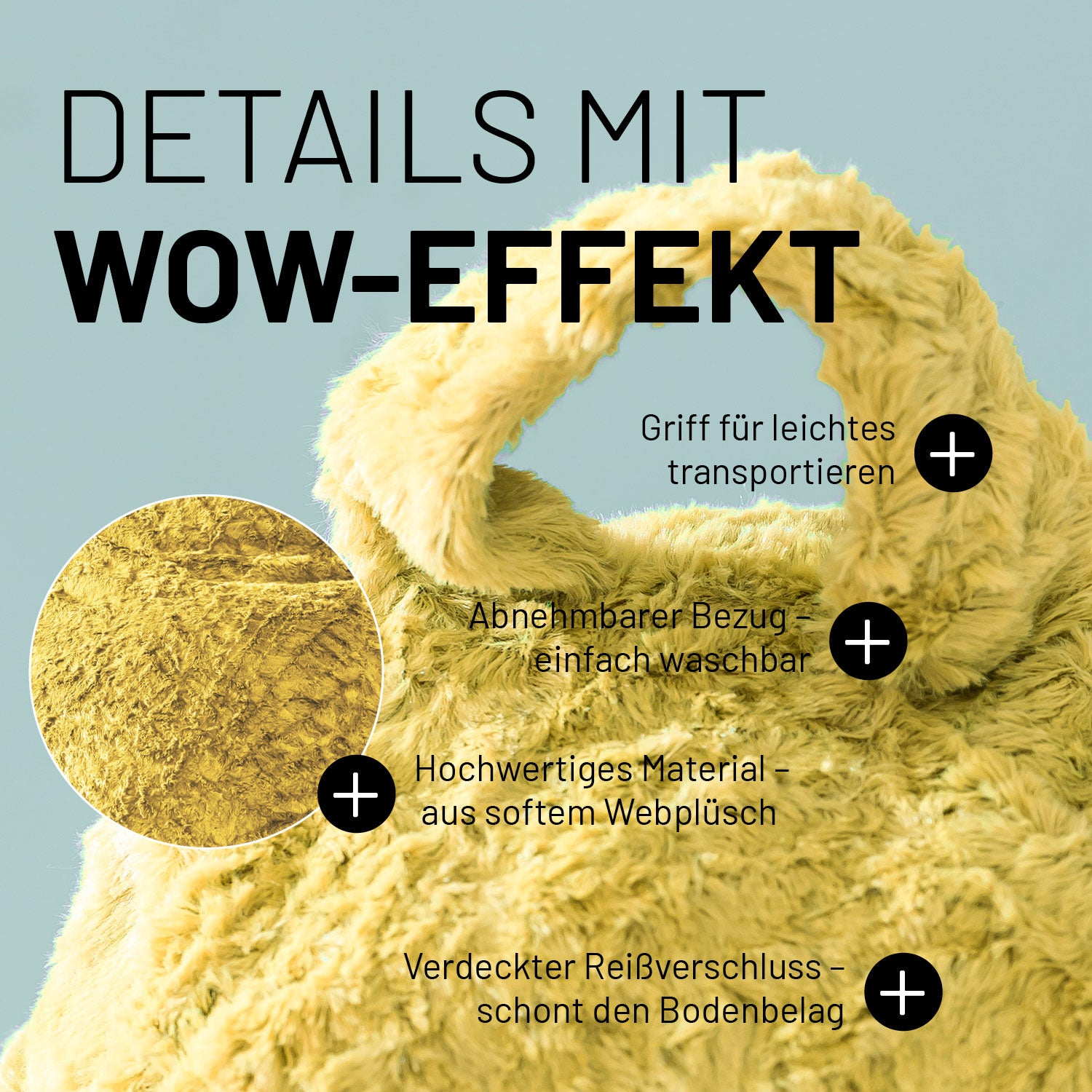 Sitzsack im Detail mit Informationen zum "Griff", "waschbaren Bezug", "Hochwertigen Material" und "Verdeckter Reißverschluss".