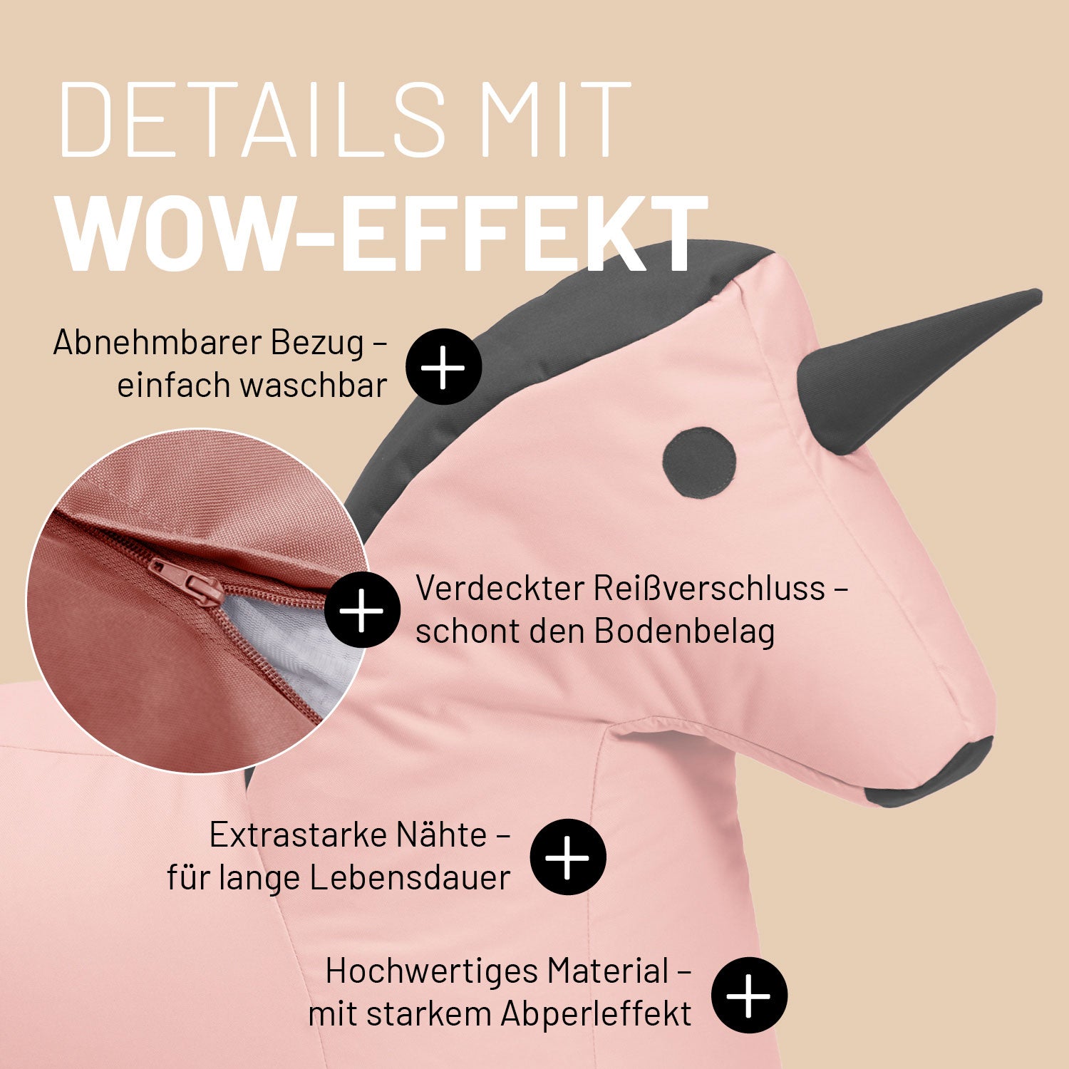Einhorn Sitzsack für Kinder im Detail mit Informationen zu "Waschbarer Bezug", "Verdeckter Reißverschluss" und "Extrastarke Nähte".