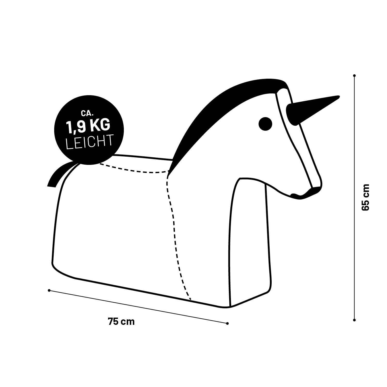 Illustration des LUMALAND Kindersitzsacks Einhorn aus der Animal Line mit Maßangaben (75 x 65 cm) und Gewichtsangabe (1,9 kg).
