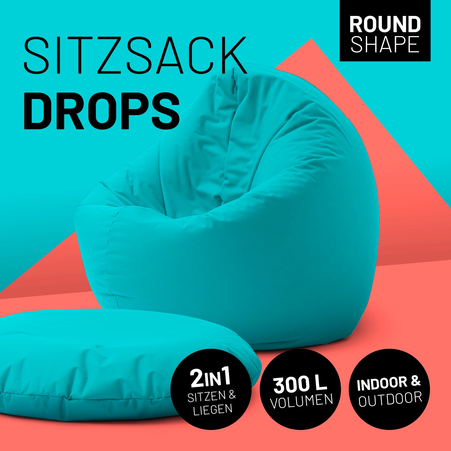 2-in-1-Sitzsack in Aquamarin mit Icon "Round Shape", "2in1 - Sitzen & Liegen", "300 L Volumen" und "Indoor & Outdoor".