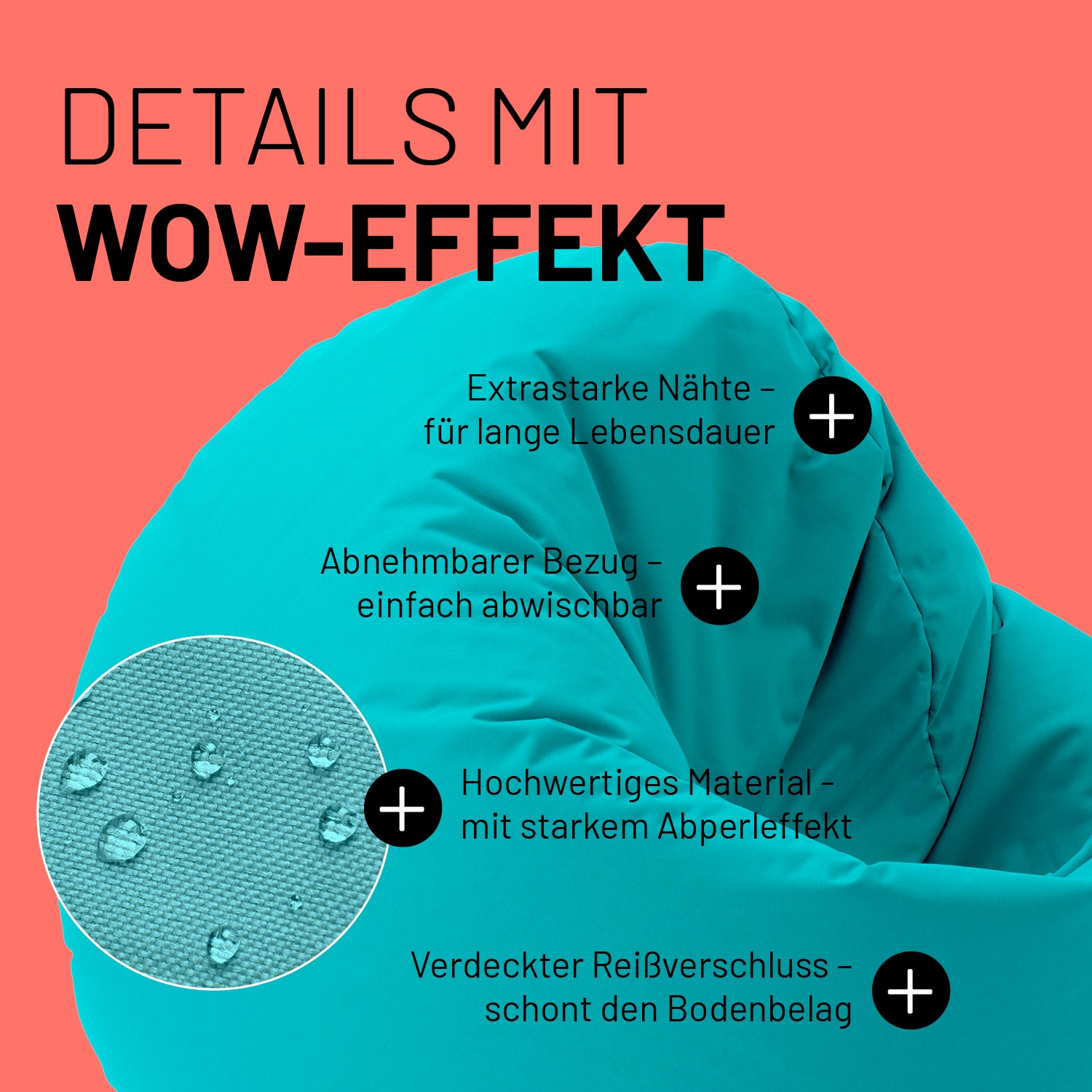 Aquamariner Sitzsack im Detail mit Informationen zu "Abwischbarer Bezug", "Verdeckter Reißverschluss" und "Extrastarke Nähte".