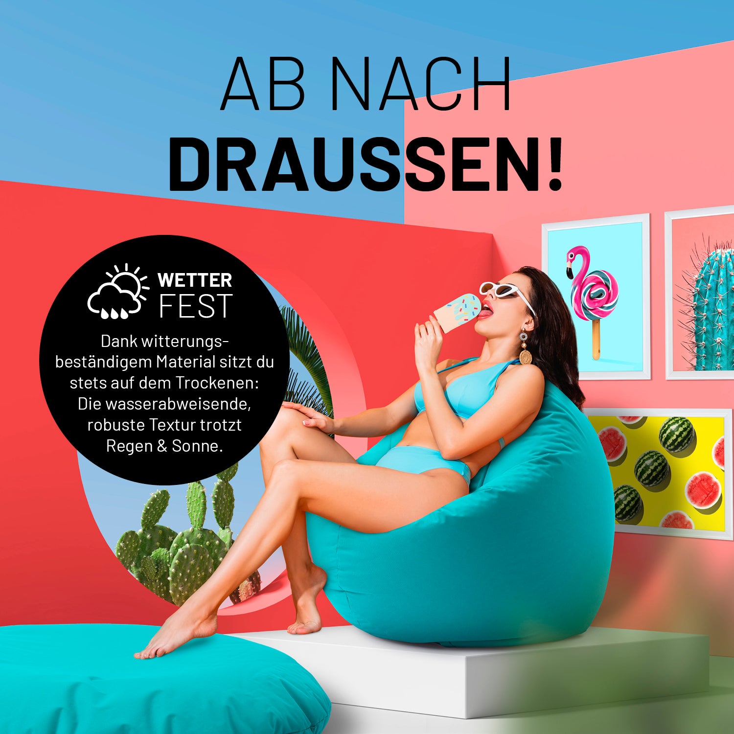 Eine Frau sitzt auf dem aquamarinen Sitzsack und isst Eis in sehr bunten Szene - "Witterungsbeständiges Material."