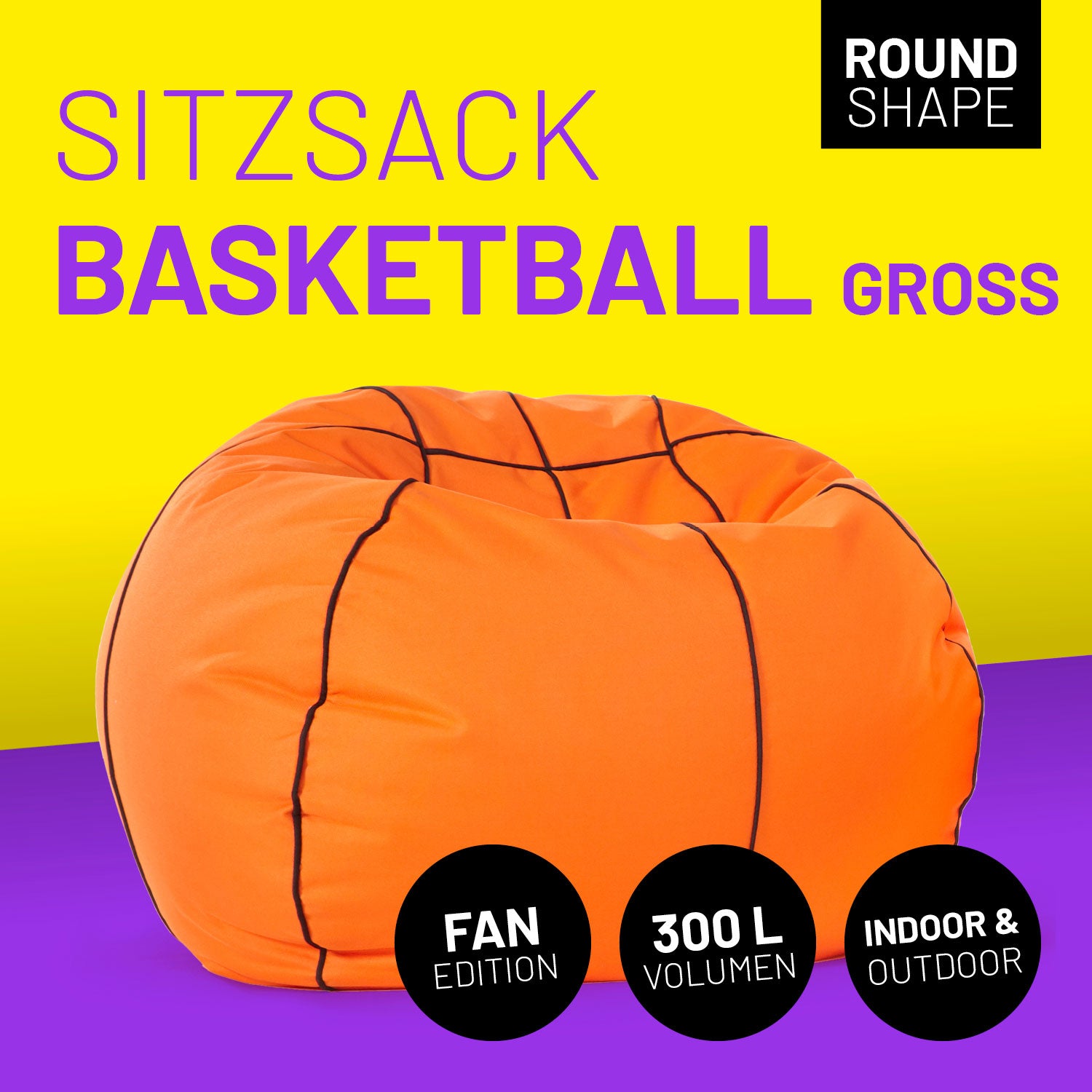 Basketball Sitzsack vor gelb-lila Hintergrund mit Icons "Fan Edition", "300 L Volumen" und "Indoor & Outdoor".