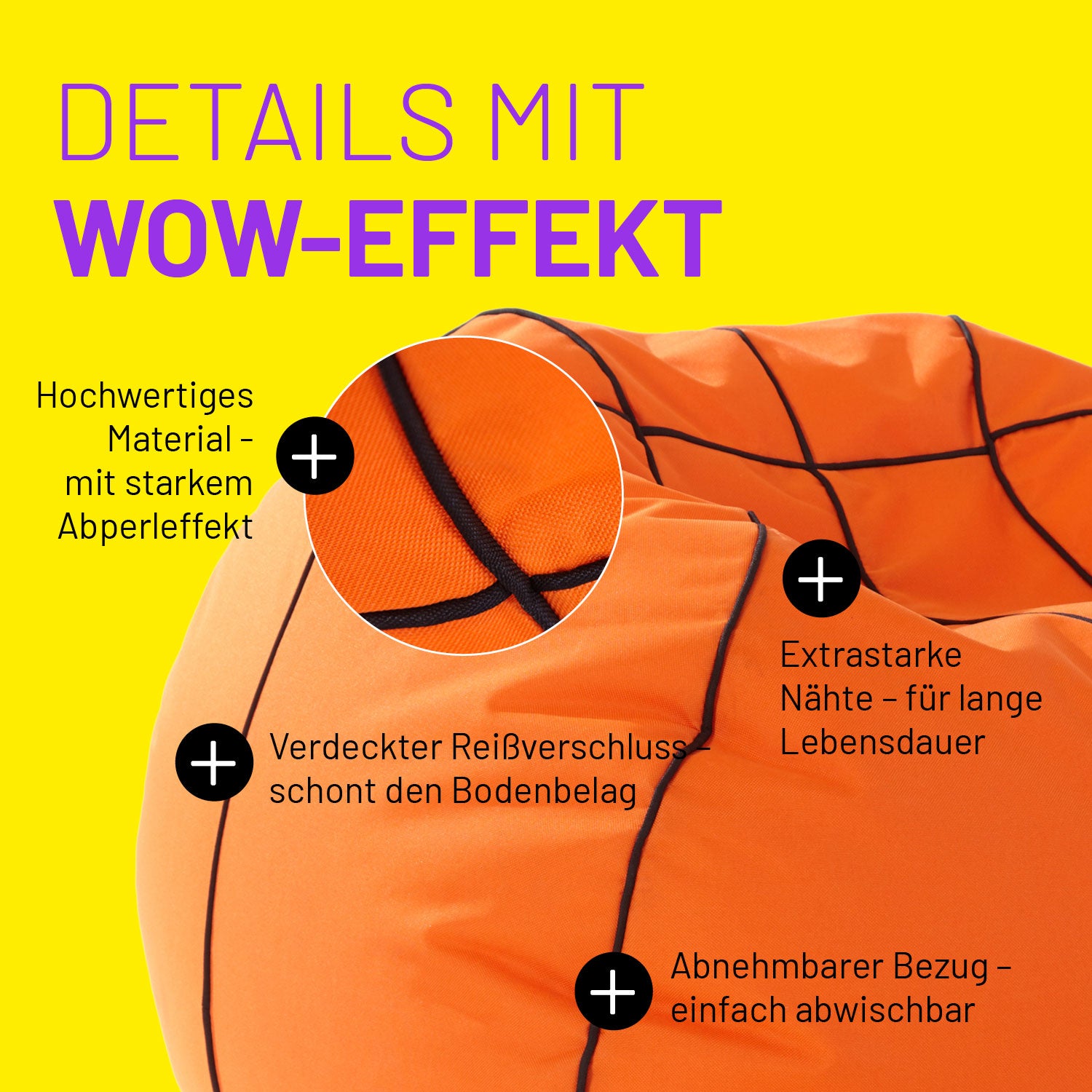 Basketball Sitzsack für Kinder im Detail mit Informationen zu "Waschbarer Bezug", "Verdeckter Reißverschluss" und "Extrastarke Nähte".