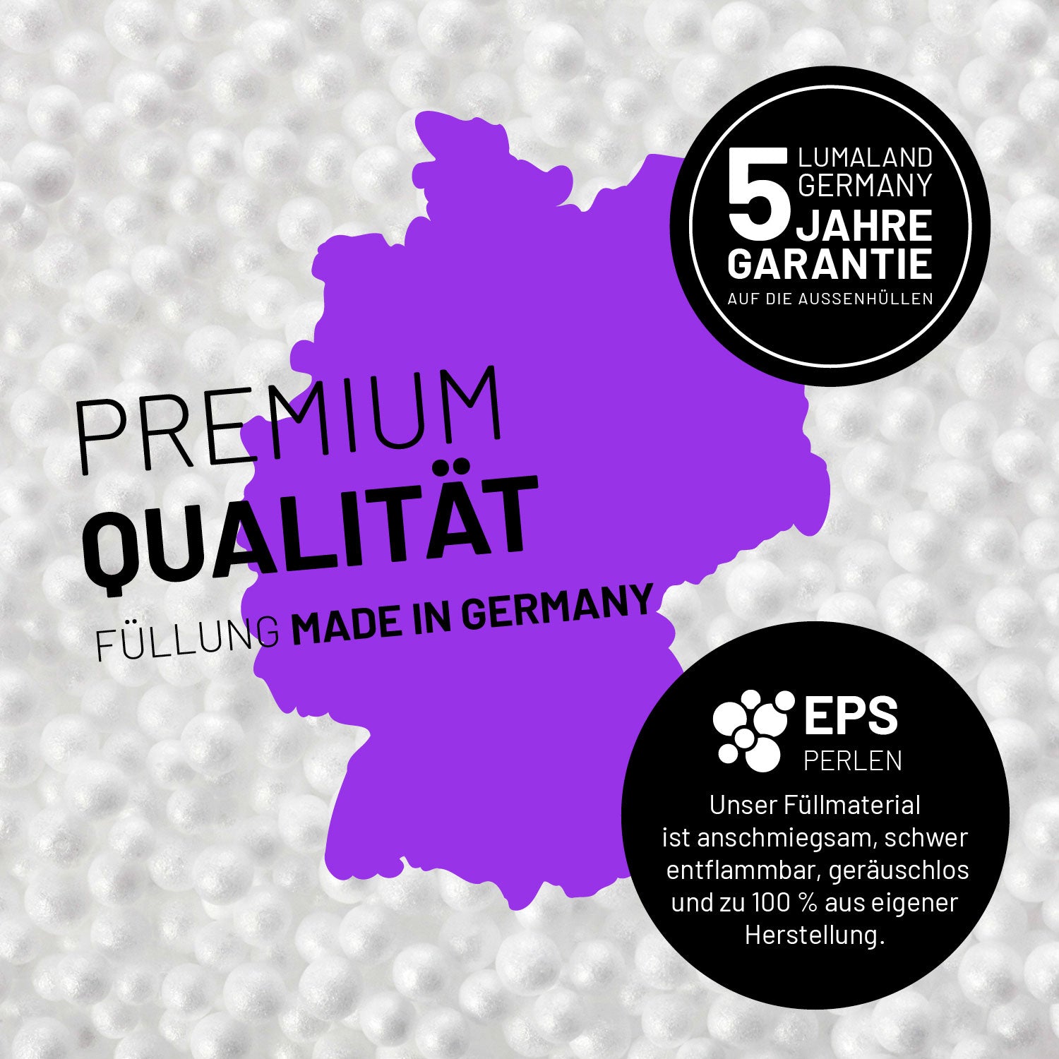 Umrisse der Deutschland-Karte mit Hinweis auf die EPS-Perlen und LUMALAND Germany 5 Jahre Garantie auf die Aussenhülle.