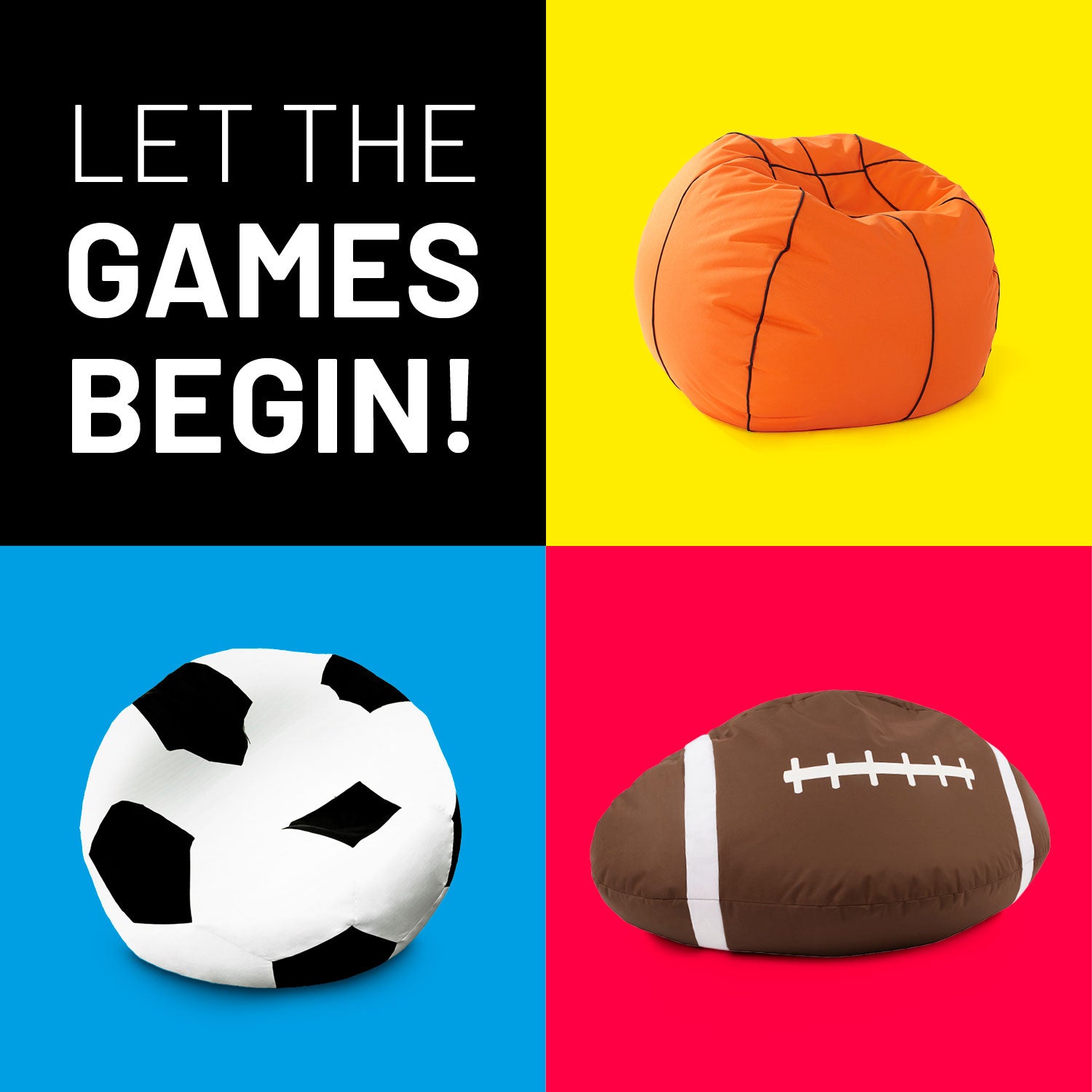 LUMALAND Game Day Sitzsäcke: Basketball, Fußball und Football auf Kontrastfarben - Let the Games Begin!