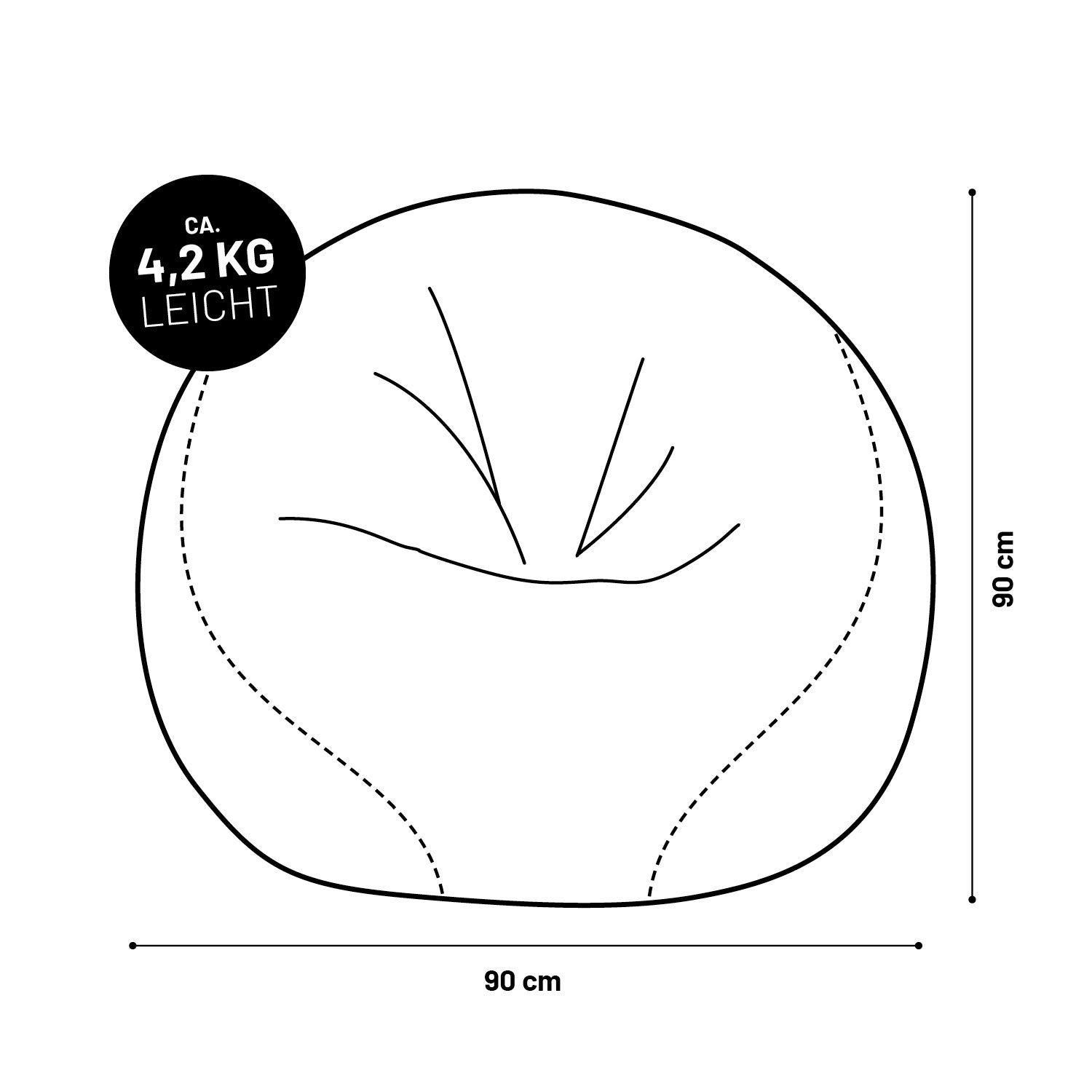 Illustration des LUMALAND Basketball Sitzsackes klein mit Maßangaben (90 x 90 cm) und Gewichtsangabe (4,2 kg).