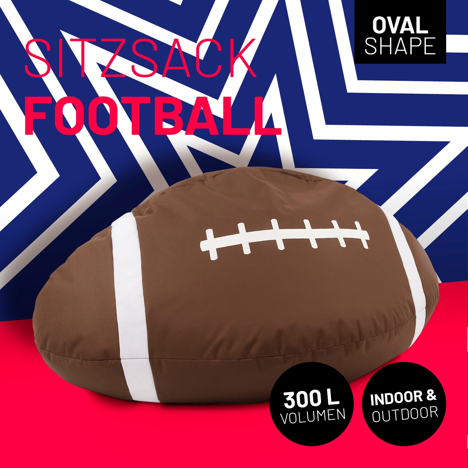 Football Sitzsack vor Blau/Weißem Sternen-Hintergrund mit Icons "Oval Shape", "300 L Volumen" und "Indoor & Outdoor".
