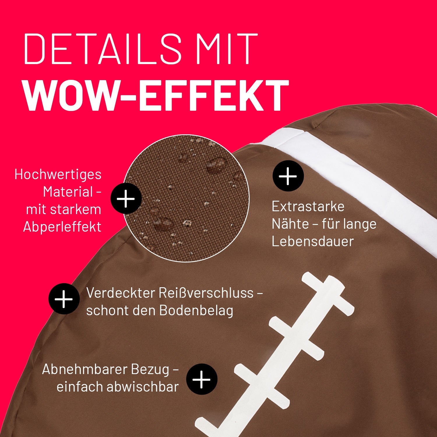 Football Sitzsack im Detail mit Informationen zu "Waschbarer Bezug", "Verdeckter Reißverschluss" und "Extrastarke Nähte".