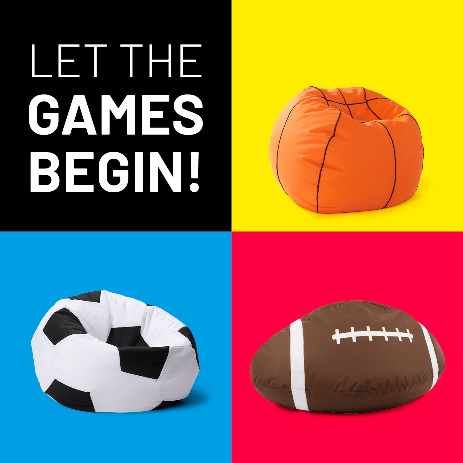 LUMALAND Game Day Sitzsäcke: Basketball, Fußball und Football auf Kontrastfarben - Let the Games Begin!