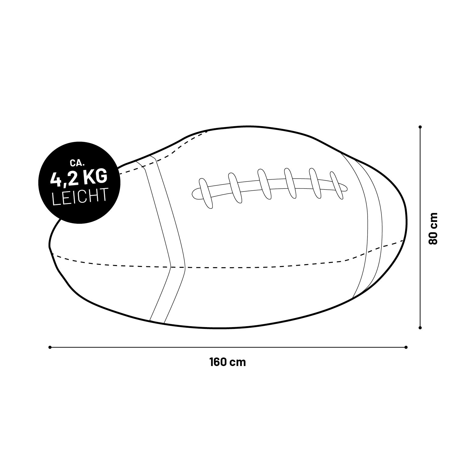 Illustration des LUMALAND Football Sitzsackes mit Maßangaben (160 x 80 cm) und Gewichtsangabe (4,2 kg).