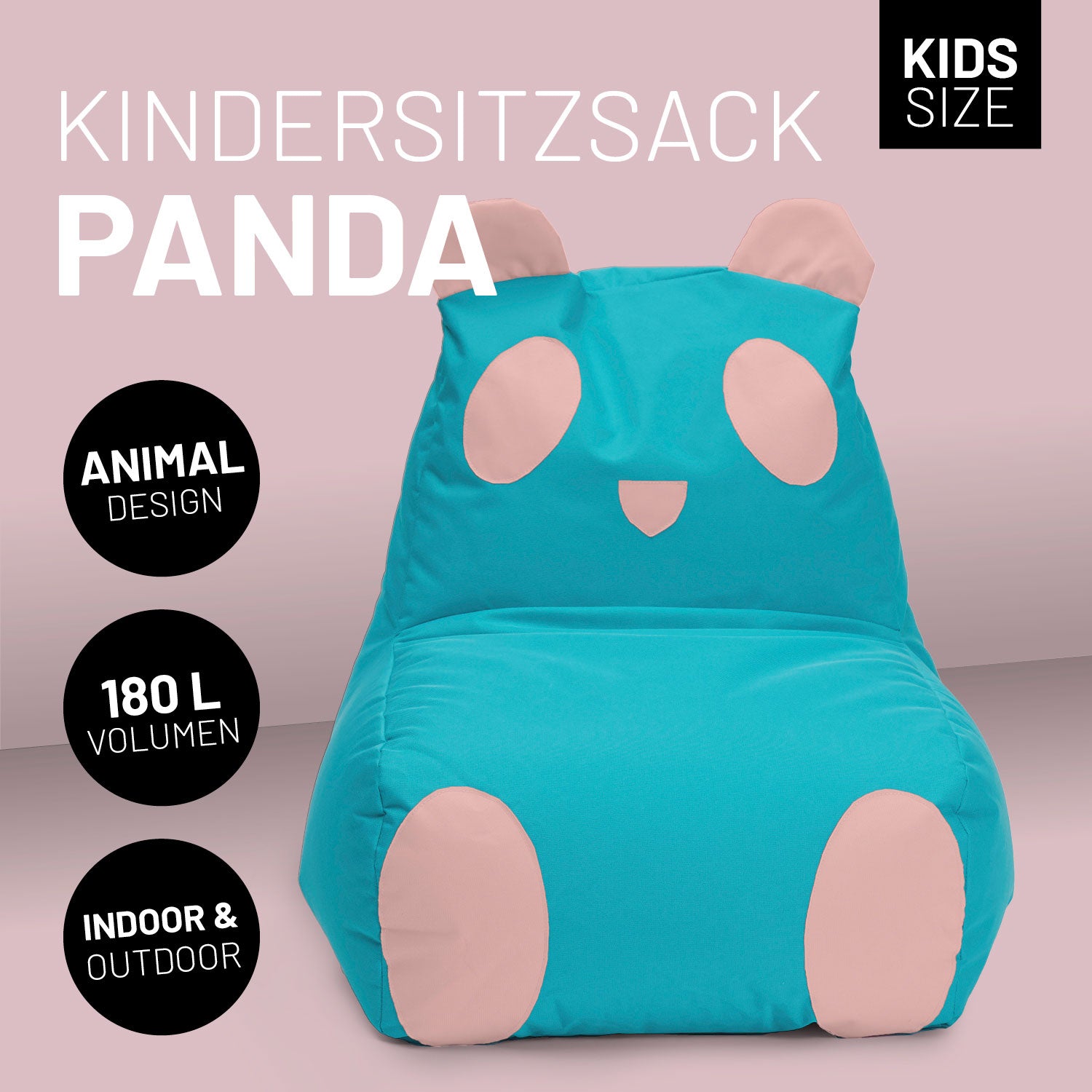 Panda Sitzsack vor rosa Hintergrund mit Icons "Animal Design", "180 L Volumen" und "Indoor & Outdoor".