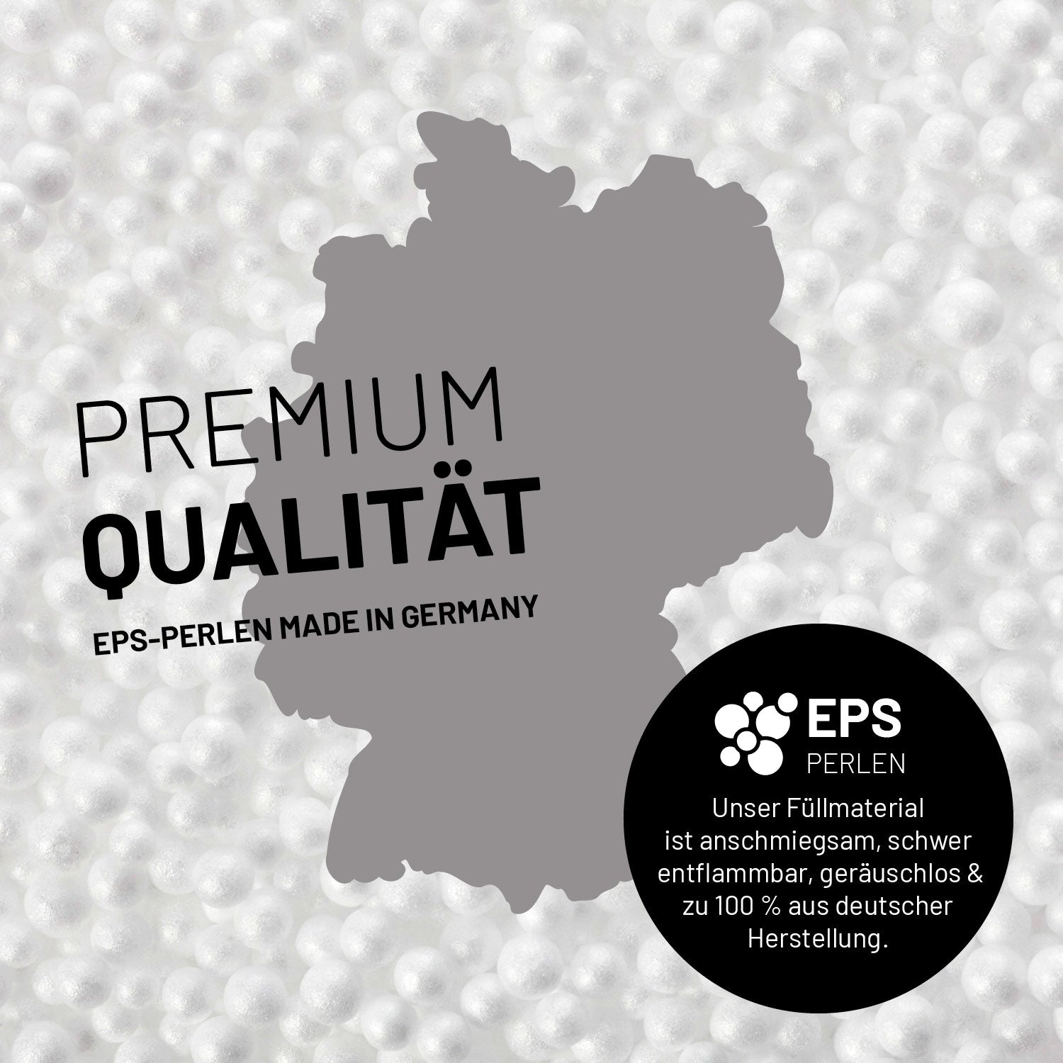 Umrisse der Deutschland-Karte mit Hinweis auf die EPS-Perlen und LUMALAND Germany 5 Jahre Garantie auf die Aussenhülle.