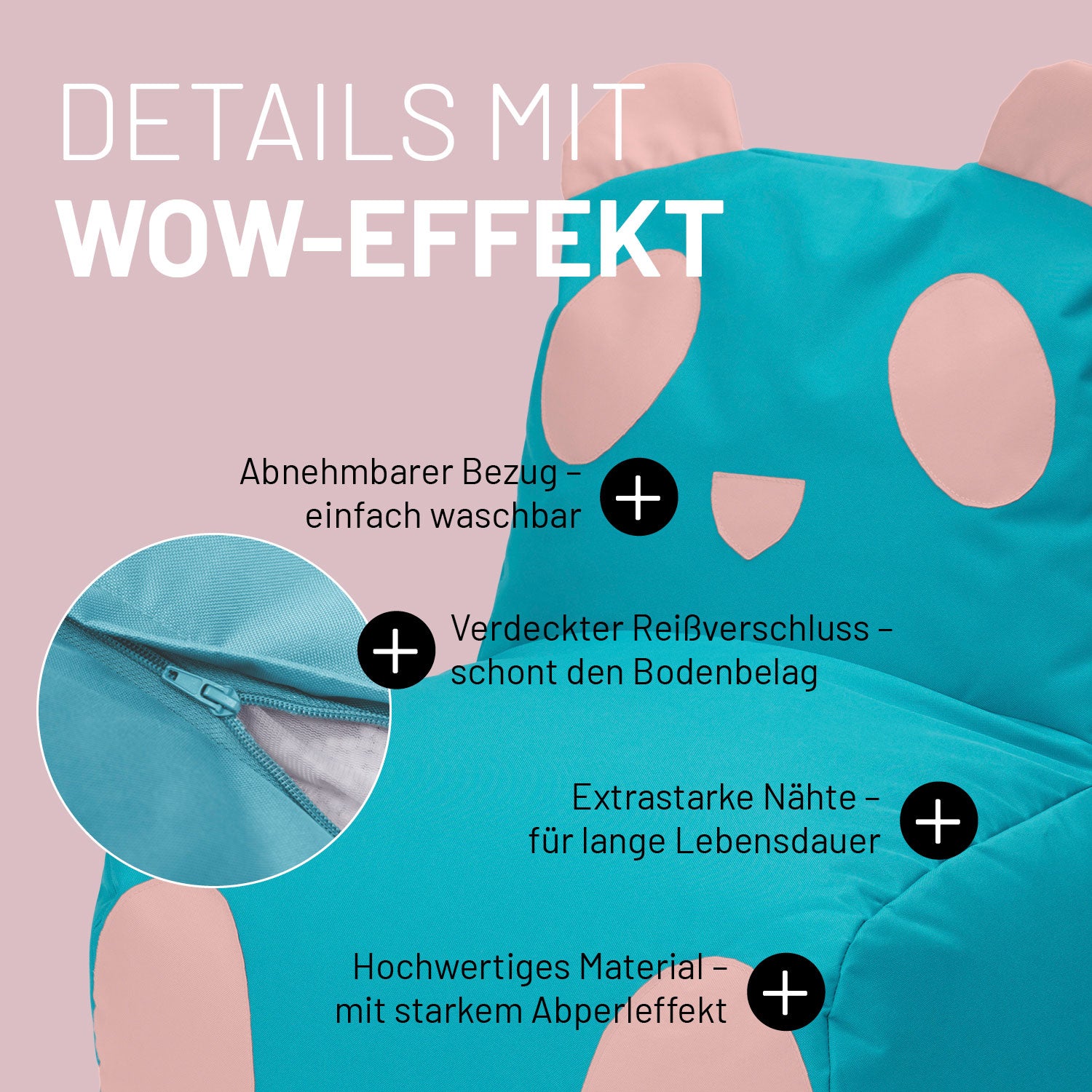 Panda Sitzsack für Kinder im Detail mit Informationen zu "Waschbarer Bezug", "Verdeckter Reißverschluss" und "Extrastarke Nähte".