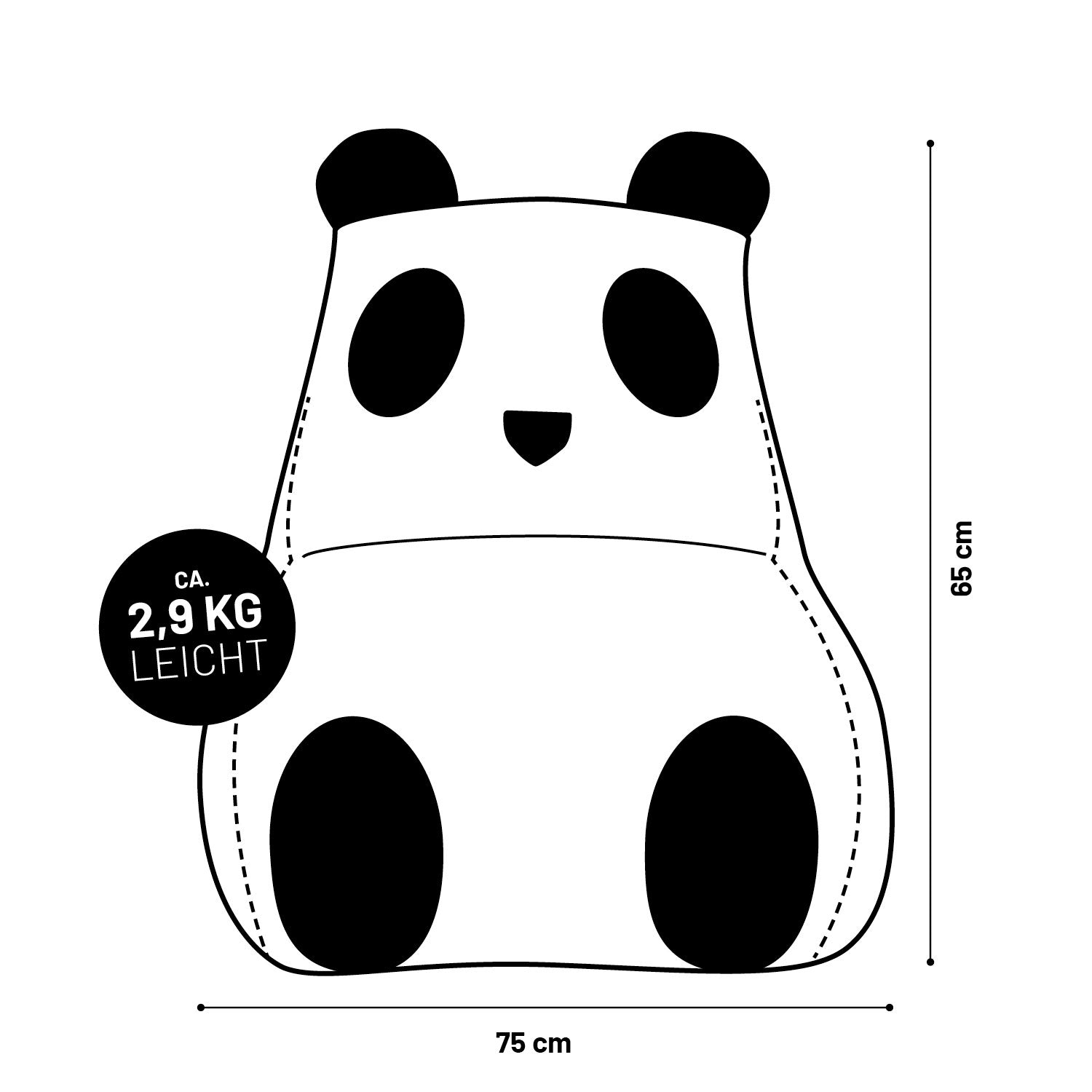 Illustration des LUMALAND Kindersitzsacks Panda aus der Animal Line mit Maßangaben (75 x 65 cm) und Gewichtsangabe (2,9 kg).