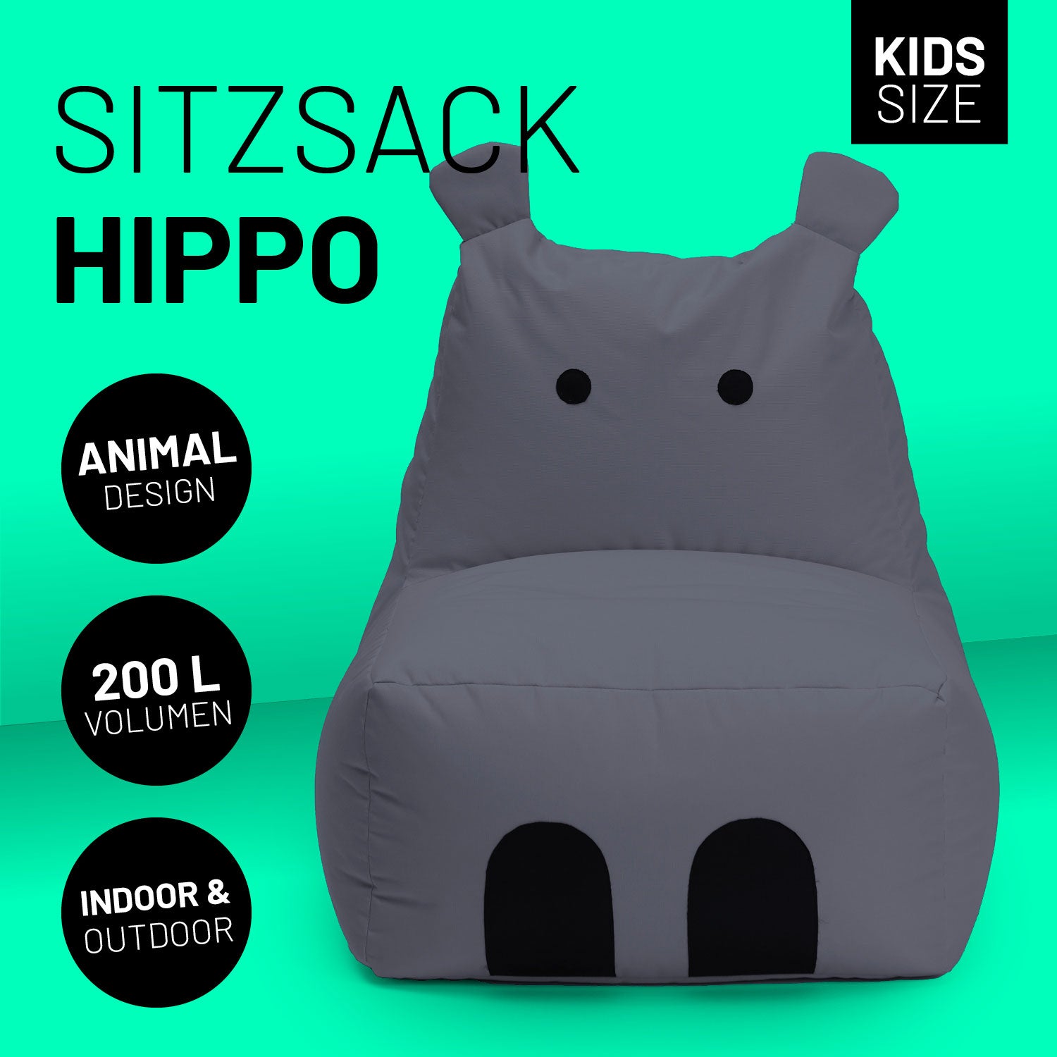 Hippo Sitzsack in Stahlgrau vor grünem Hintergrund mit Icons "Animal Design", "200 L Volumen" und "Indoor & Outdoor".