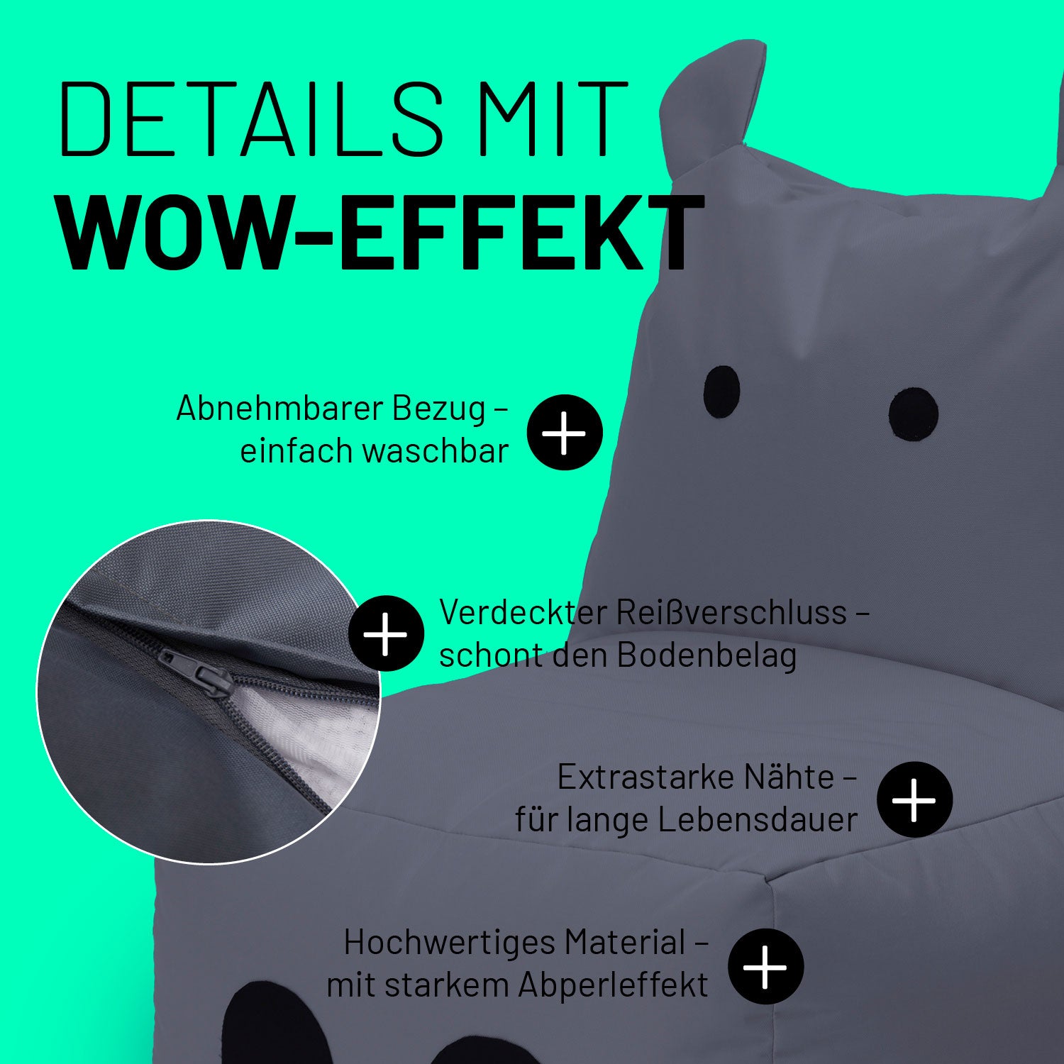 Hippo Sitzsack für Kinder im Detail mit Informationen zu "Waschbarer Bezug", "Verdeckter Reißverschluss" und "Extrastarke Nähte".