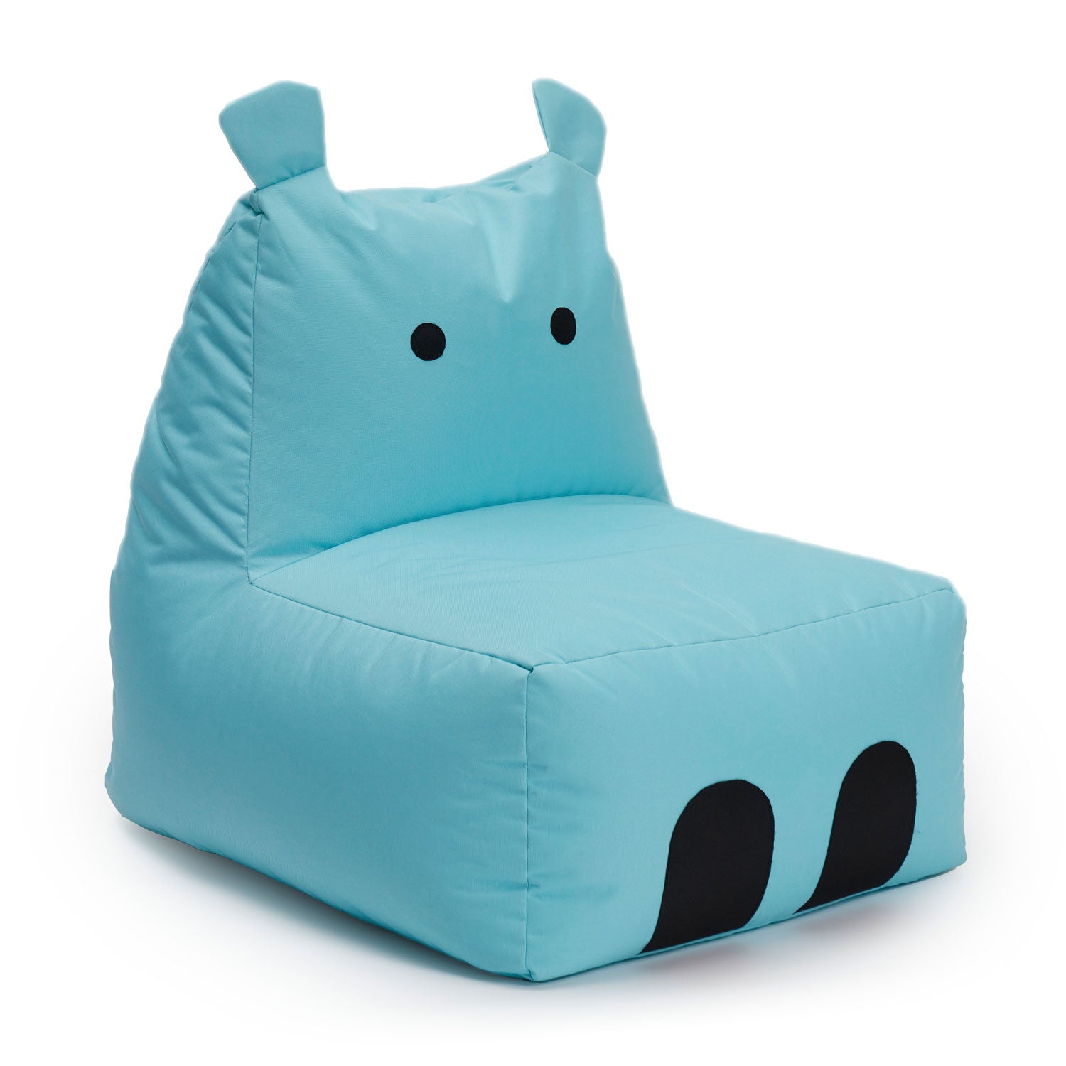 Türkiser Kindersitzsack aus der LUMALAND Animal Line in der Form eines Hippos vor weißem Hintergrund.