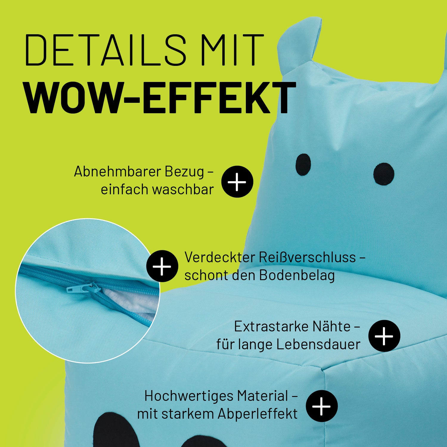Hippo Sitzsack für Kinder im Detail mit Informationen zu "Waschbarer Bezug", "Verdeckter Reißverschluss" und "Extrastarke Nähte".
