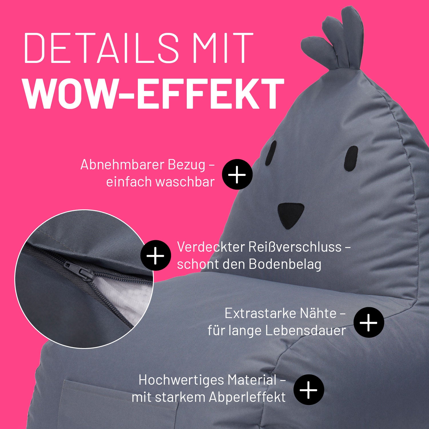 Chick Sitzsack für Kinder im Detail mit Informationen zu "Waschbarer Bezug", "Verdeckter Reißverschluss" und "Extrastarke Nähte".