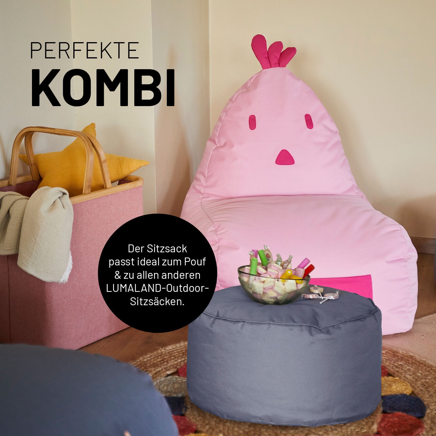 Chick Sitzsack in Pastell Pink, daneben ein passender Pouf und Icon "mit allen anderen Outdoor-Sitzsäcken kombinierbar".