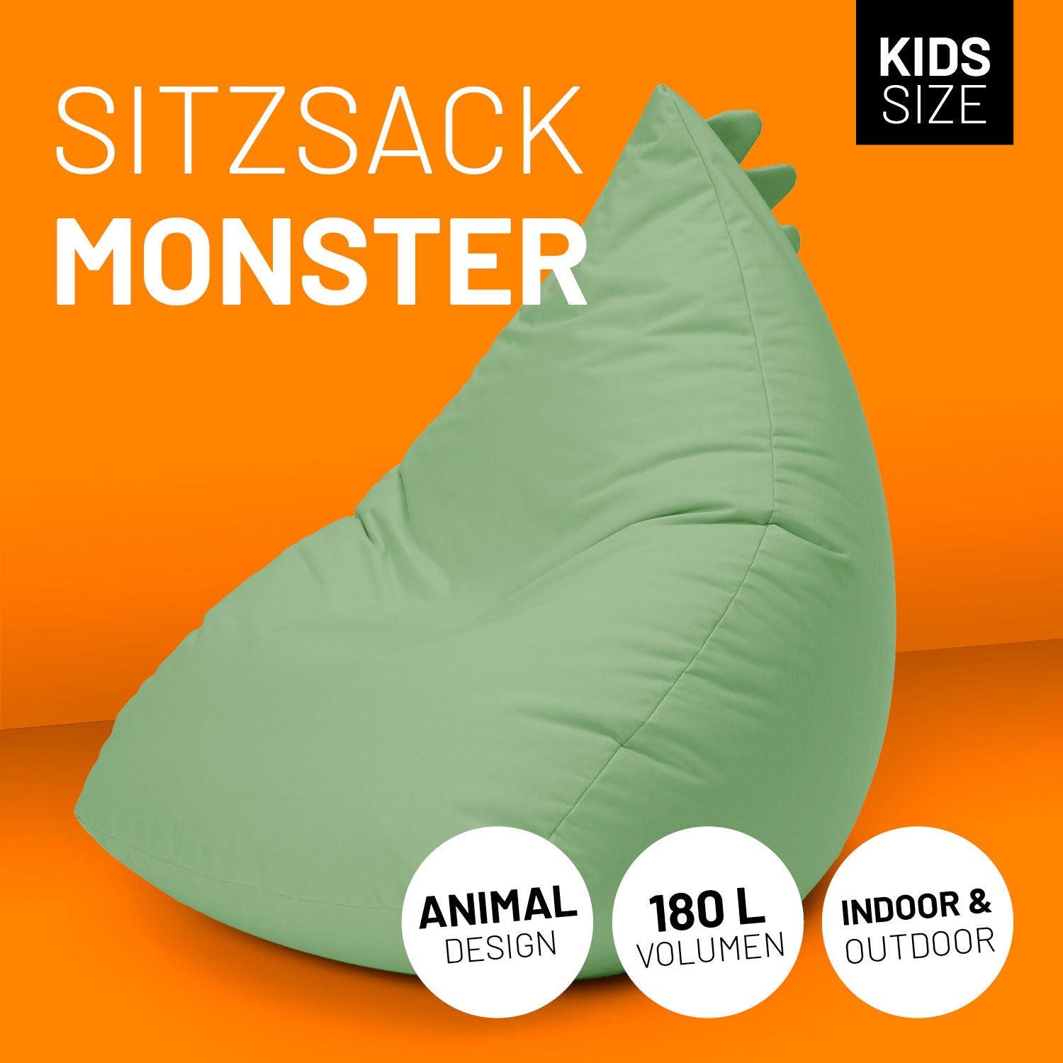 Monster Sitzsack vor orangenem Hintergrund mit Icons "Animal Design", "180 L Volumen" und "Indoor & Outdoor".