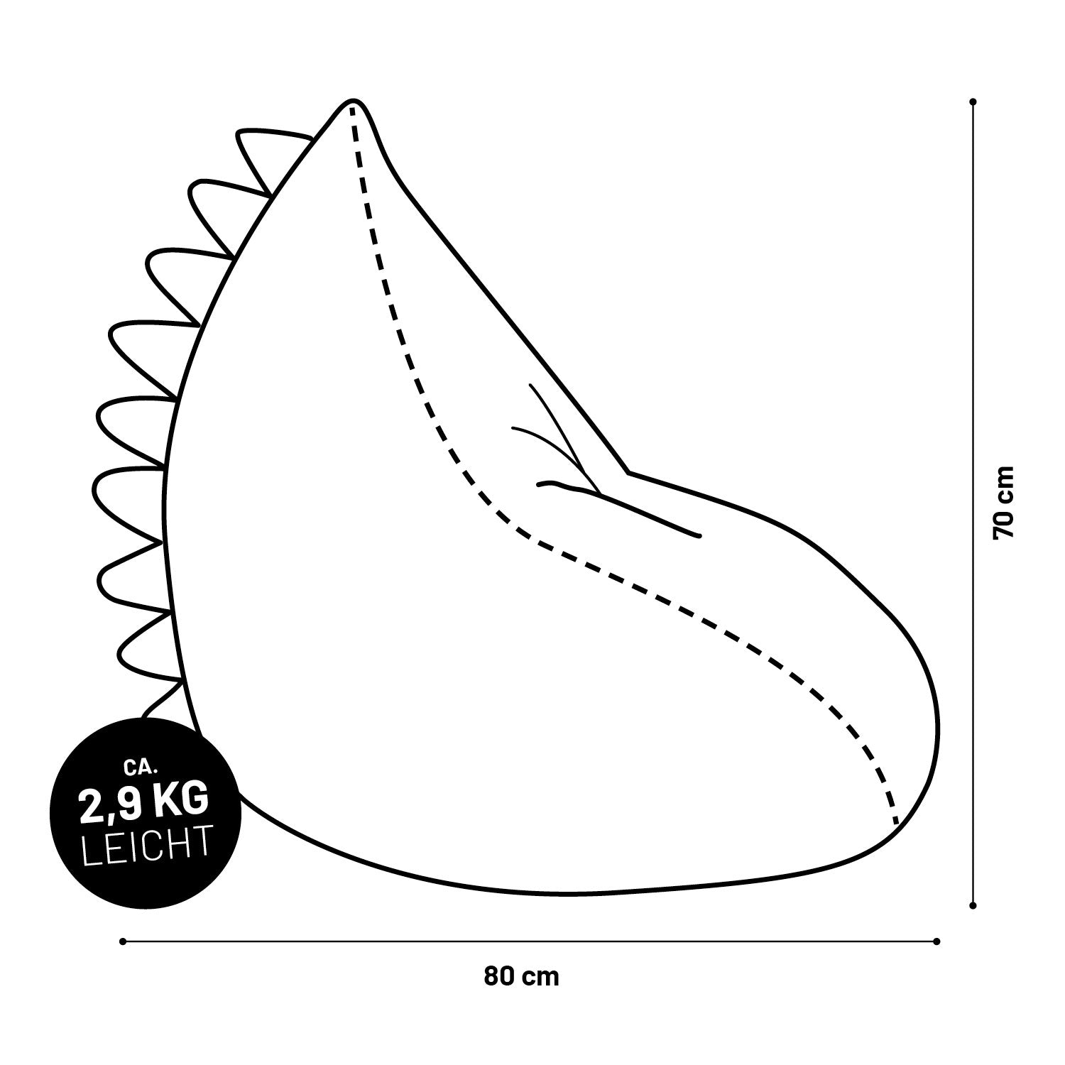 Illustration des LUMALAND Kindersitzsacks Monster aus der Animal Line mit Maßangaben (80 x 70 cm) und Gewichtsangabe (2,9 kg).