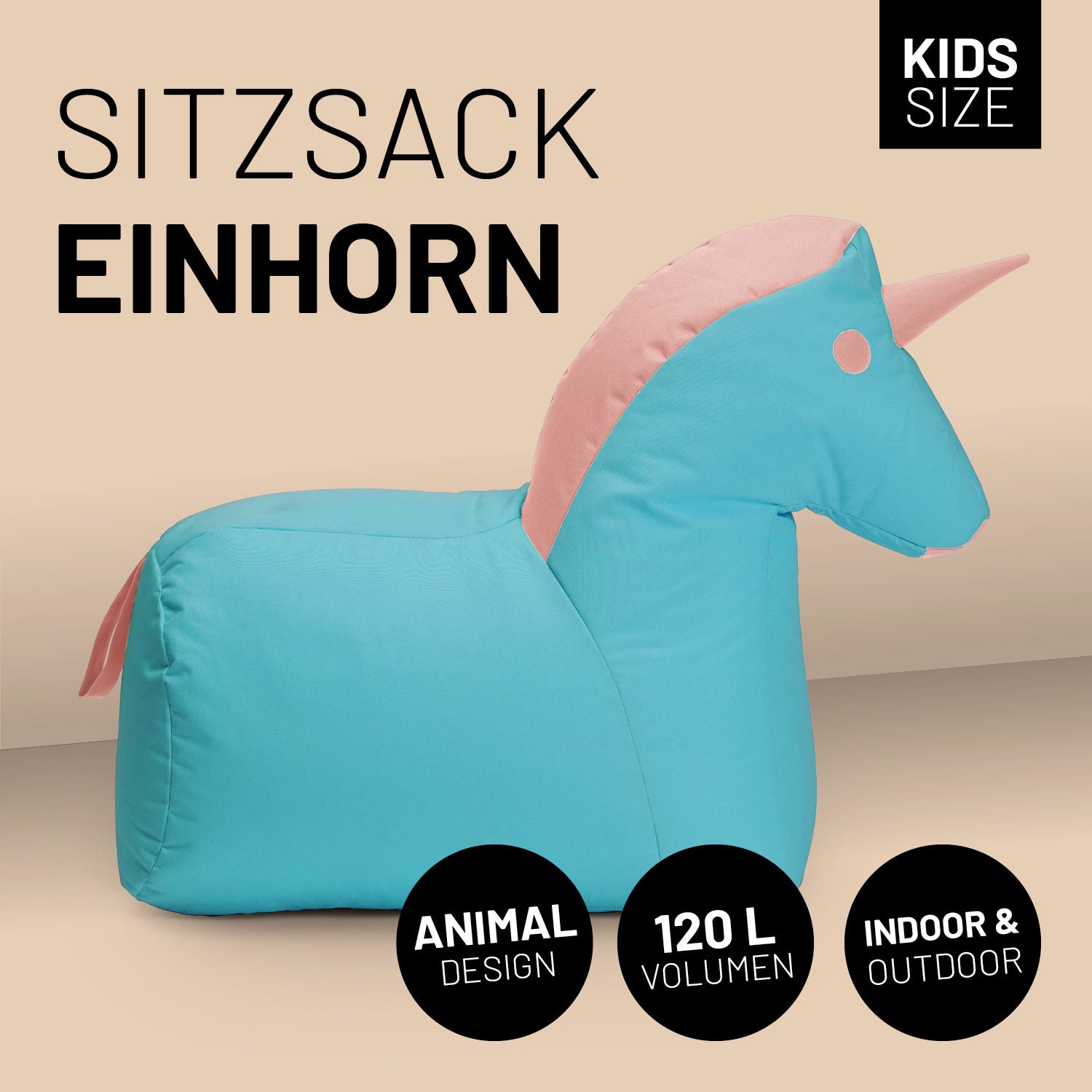 Einhorn Sitzsack vor beigem Hintergrund mit Icons "Animal Design", "120 L Volumen" und "Indoor & Outdoor".