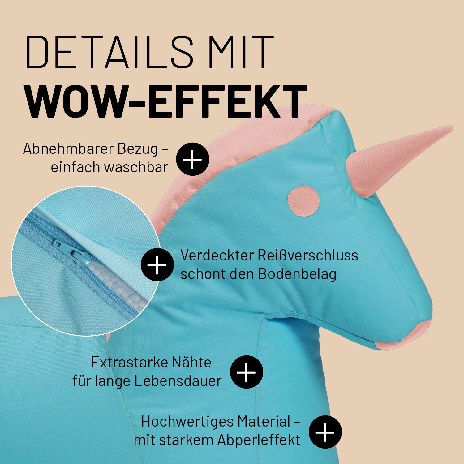 Einhorn Sitzsack für Kinder im Detail mit Informationen zu "Waschbarer Bezug", "Verdeckter Reißverschluss" und "Extrastarke Nähte".