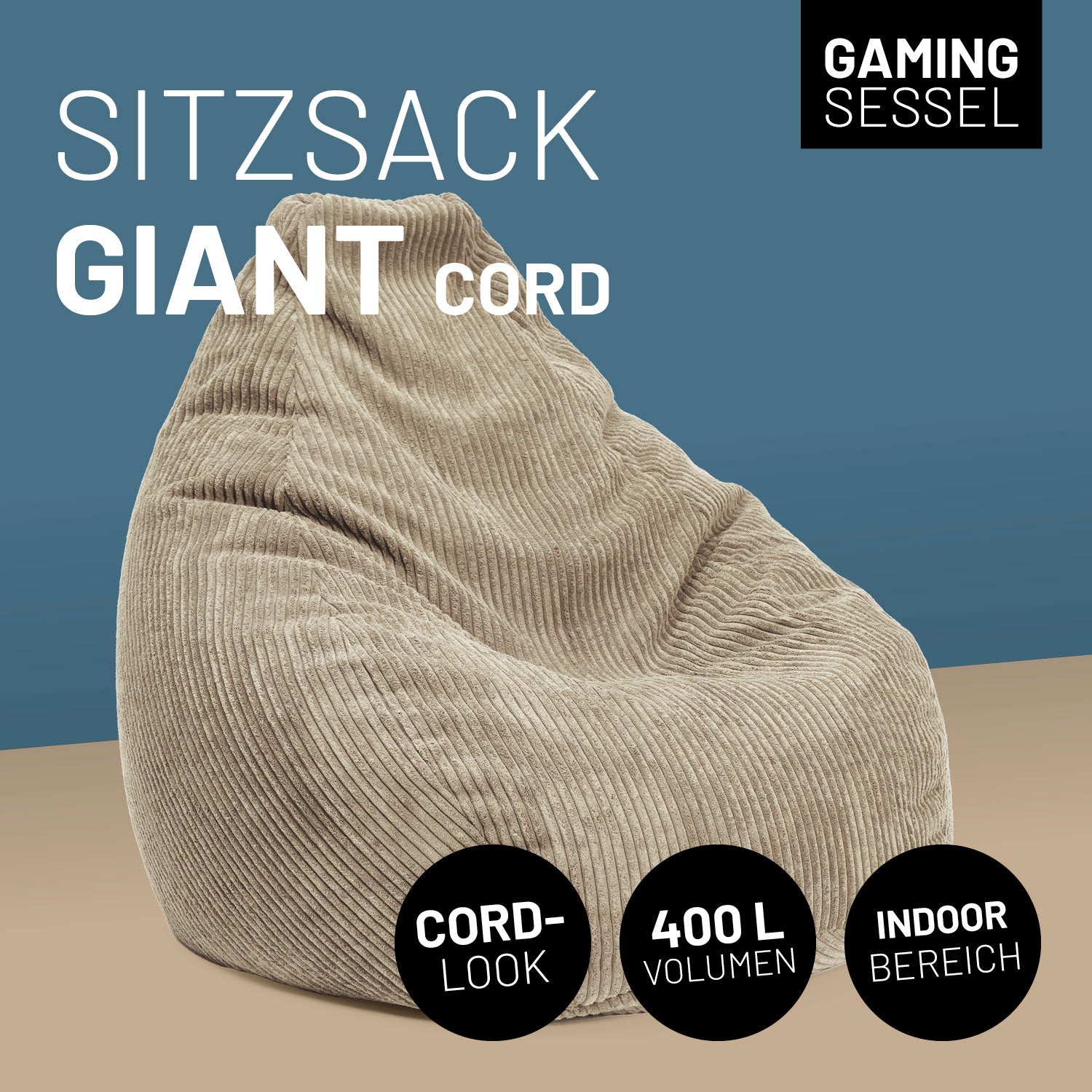 Beiger Cord-Sitzsack vor Beige/Blauen Hintergrund mit Icons zu "Cord-Look", "400 L Volumen" und "Indoor-Bereich".