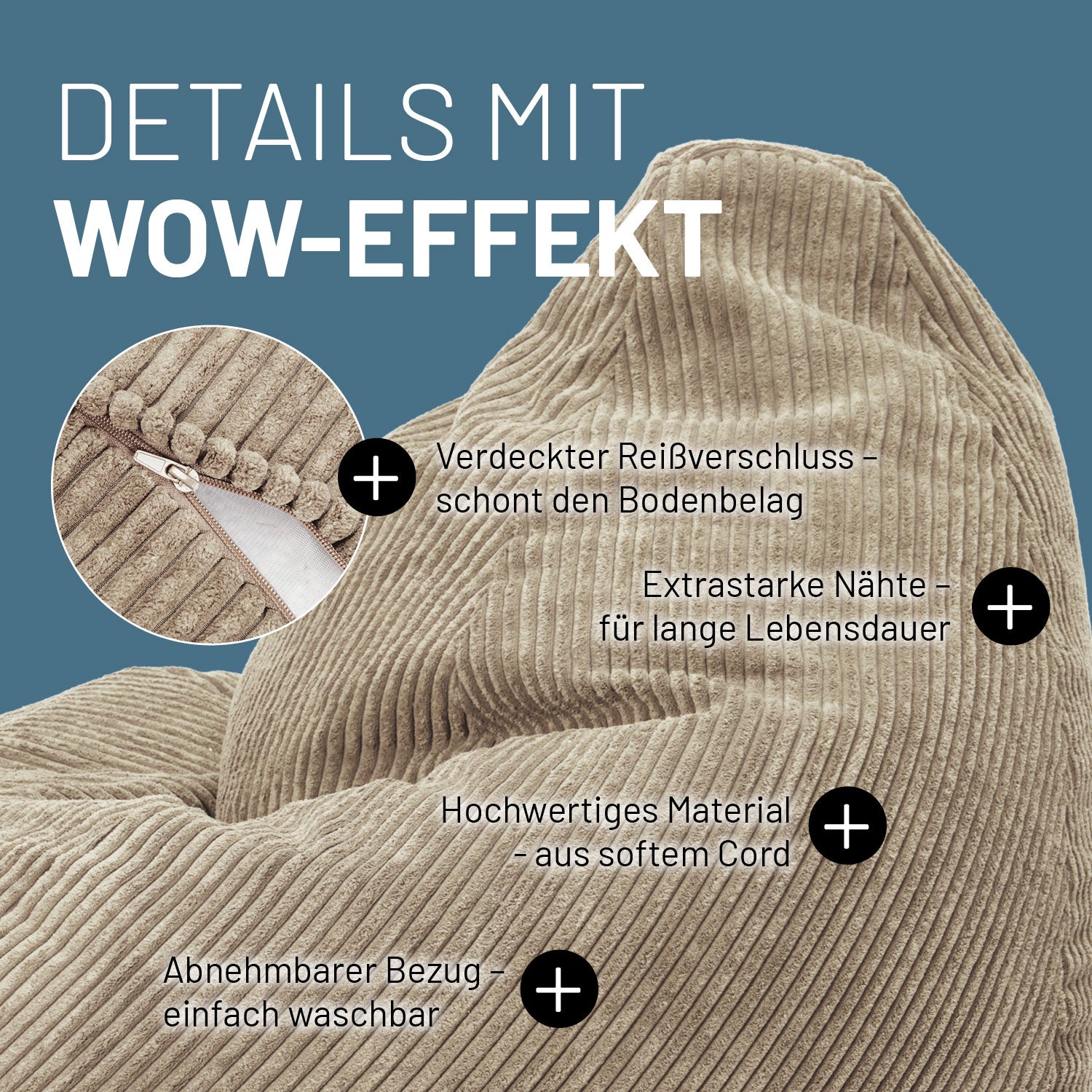 Cord-Sitzsacksessel in Beige mit Produktinformationen: Verdeckter Reißverschluss, extrastarke Nähte und abnehmbarer Bezug.