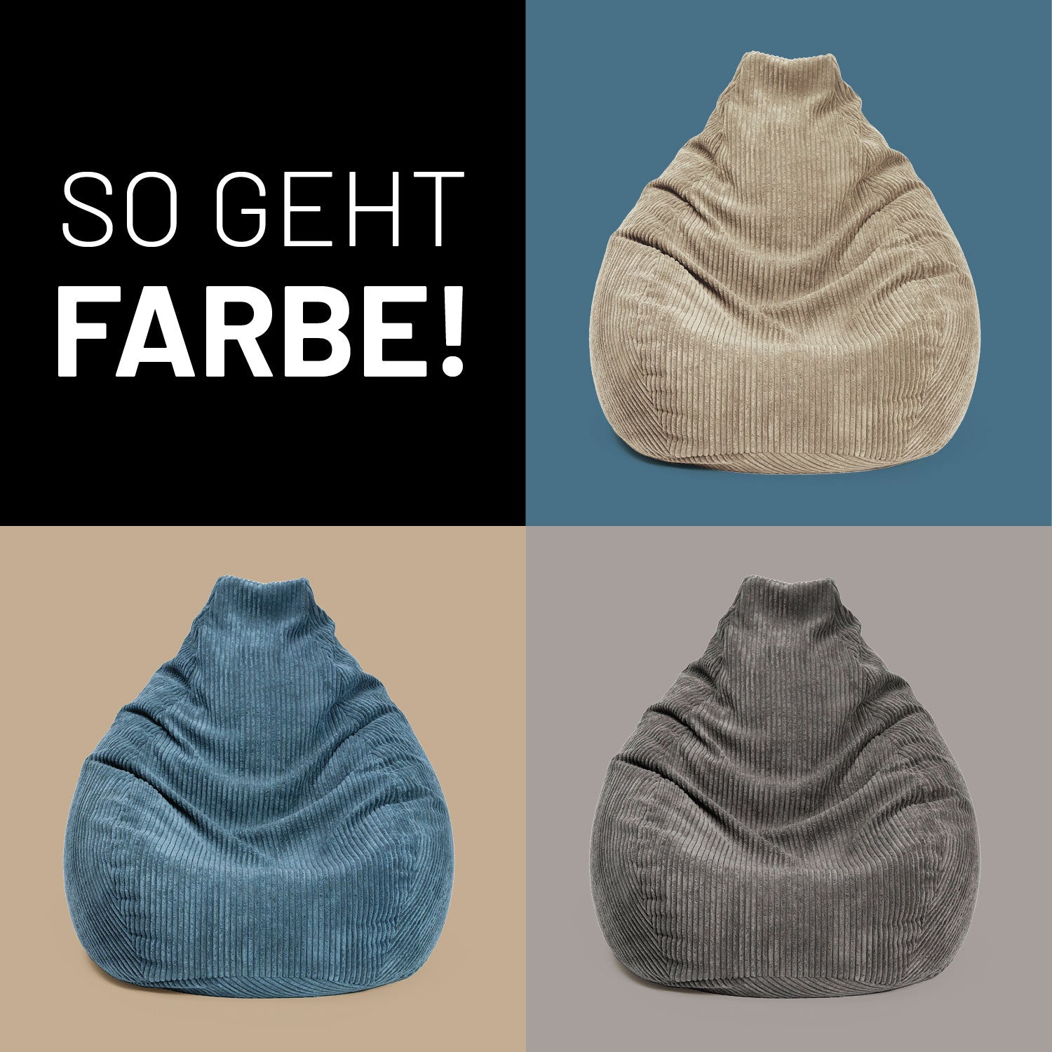 Die drei Farbvarianten Beige, Blau und Grau des GIANT Cord-Sitzsacks auf Kontrastfarben nebeneinander in Kacheln - So geht Farbe!