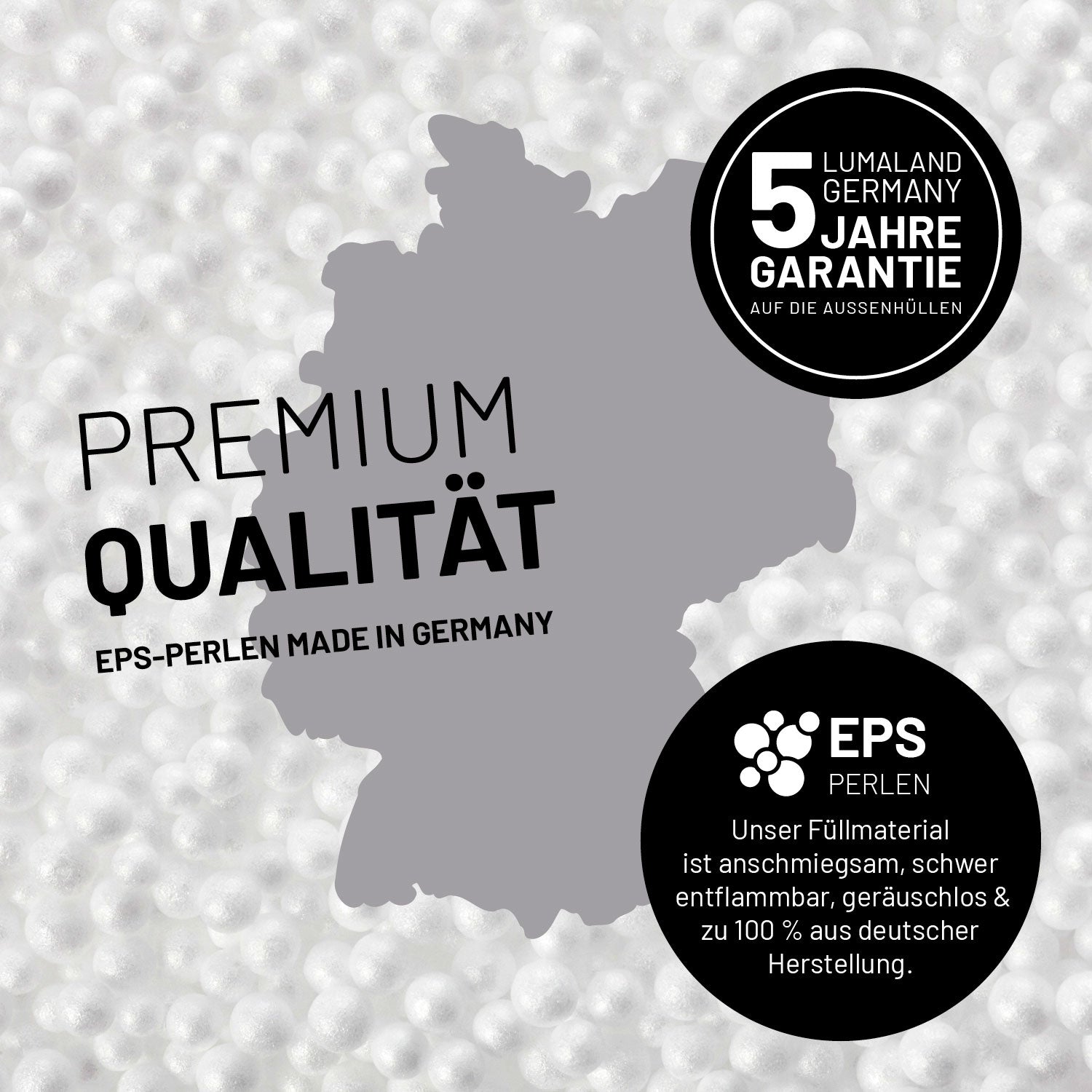 Umrisse der Deutschland-Karte mit Hinweis auf die EPS-Perlen und LUMALAND Germany 5 Jahre Garantie auf die Aussenhülle.