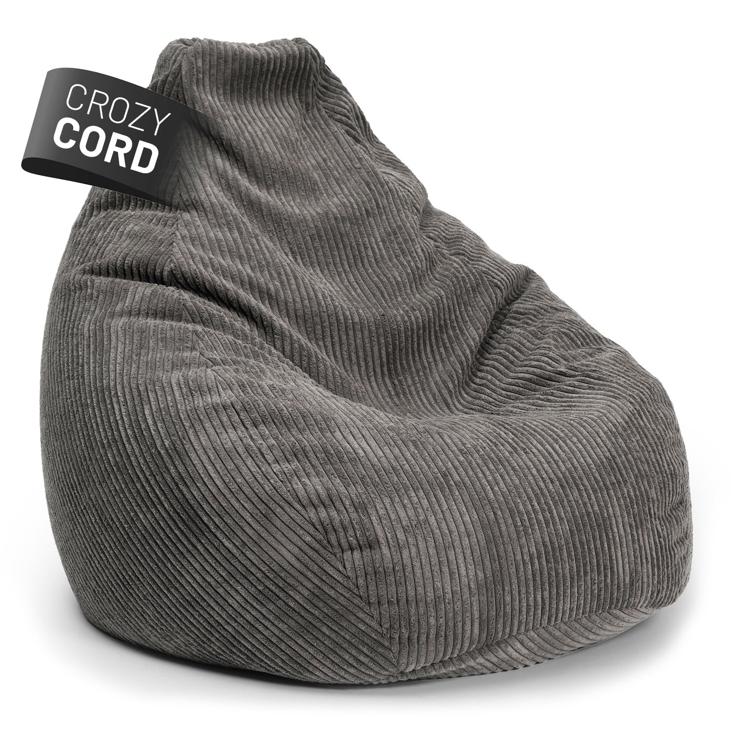 Grauer GIANT Sitzsack aus der LUMALAND CORD-Reihe auf weißem Hintergrund.
