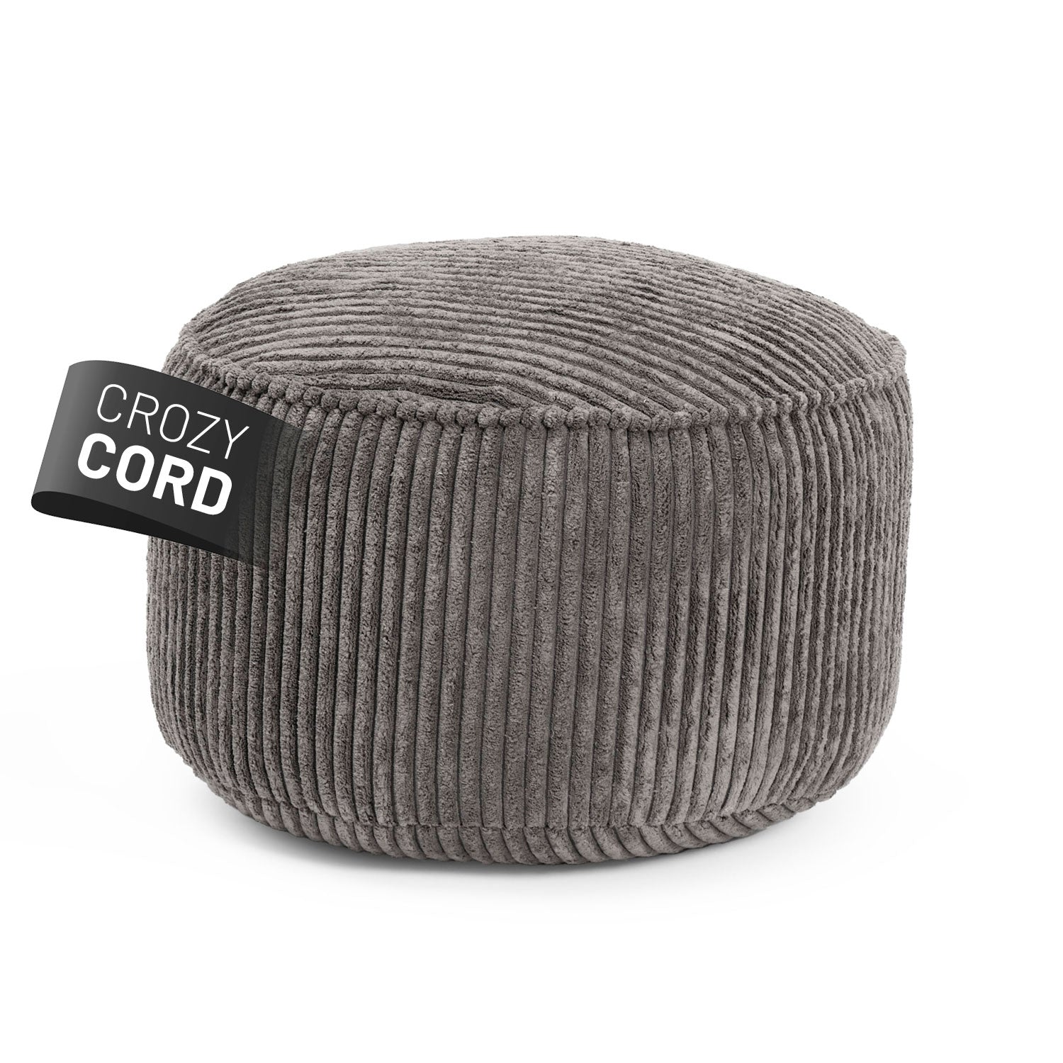 Grauer Pouf aus der LUMALAND CORD-Reihe auf weißem Hintergrund.