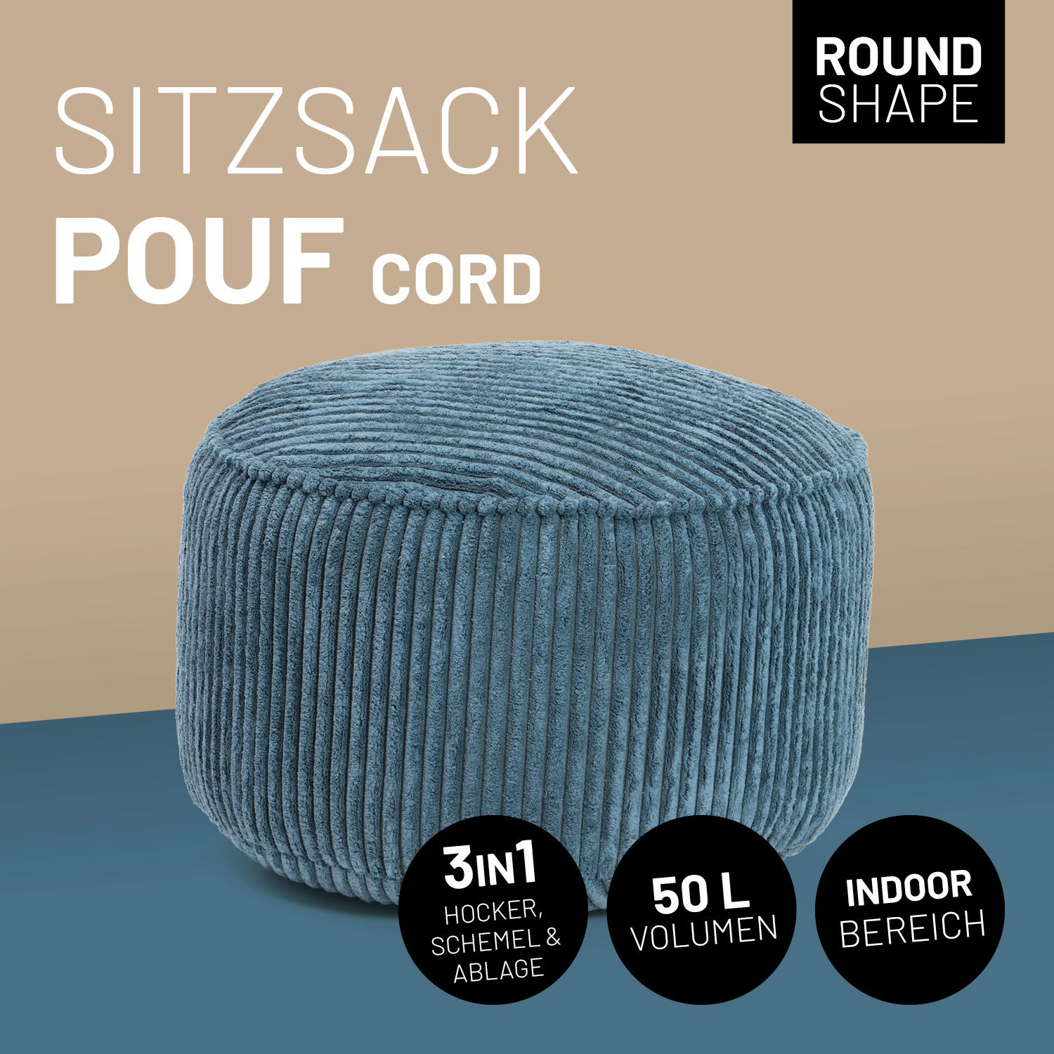 Blauer Sitzsack Pouf CORD mit 50 L Volumen für verschiedene Anwendungsbereiche im Indoor-Bereich: Hocker, Schemel und Ablage.