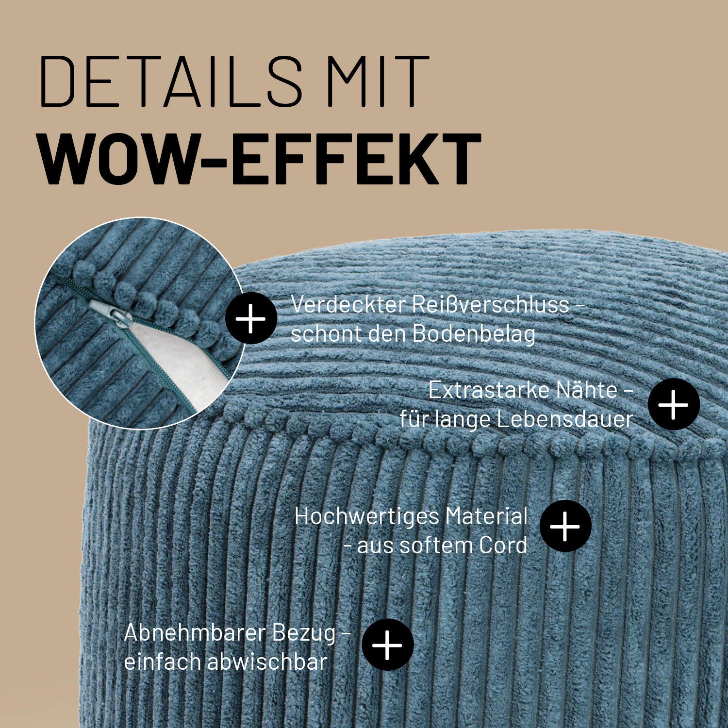 LUMALAND CORD Pouf in Blau mit Produktinformationen: Verdeckter Reißverschluss, extrastarke Nähte und abnehmbarer Bezug.
