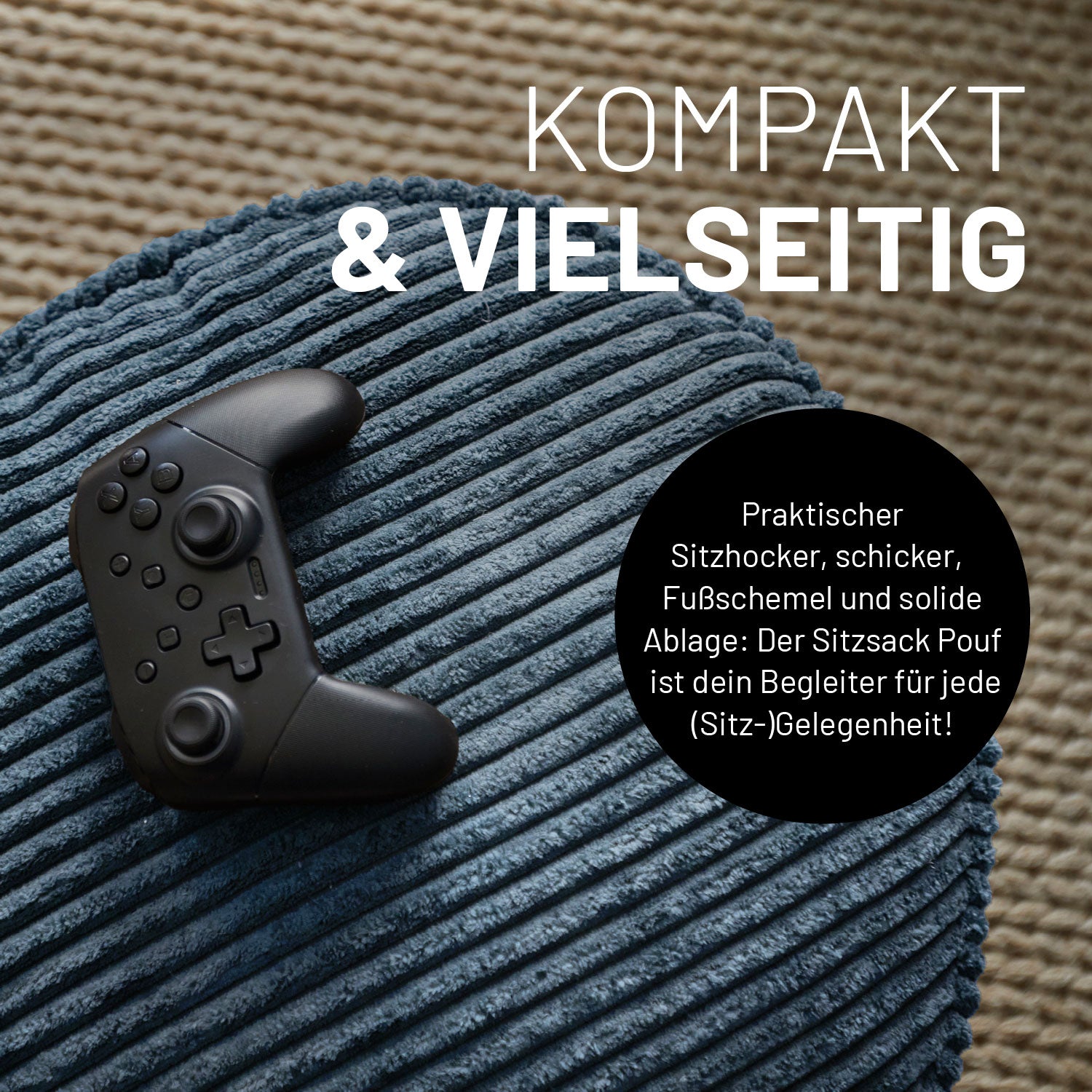 Gaming Controller liegt auf dem blauen CORD-Sitzsack der als Hocker, Fußschemel und Ablage genutzt werden kann.