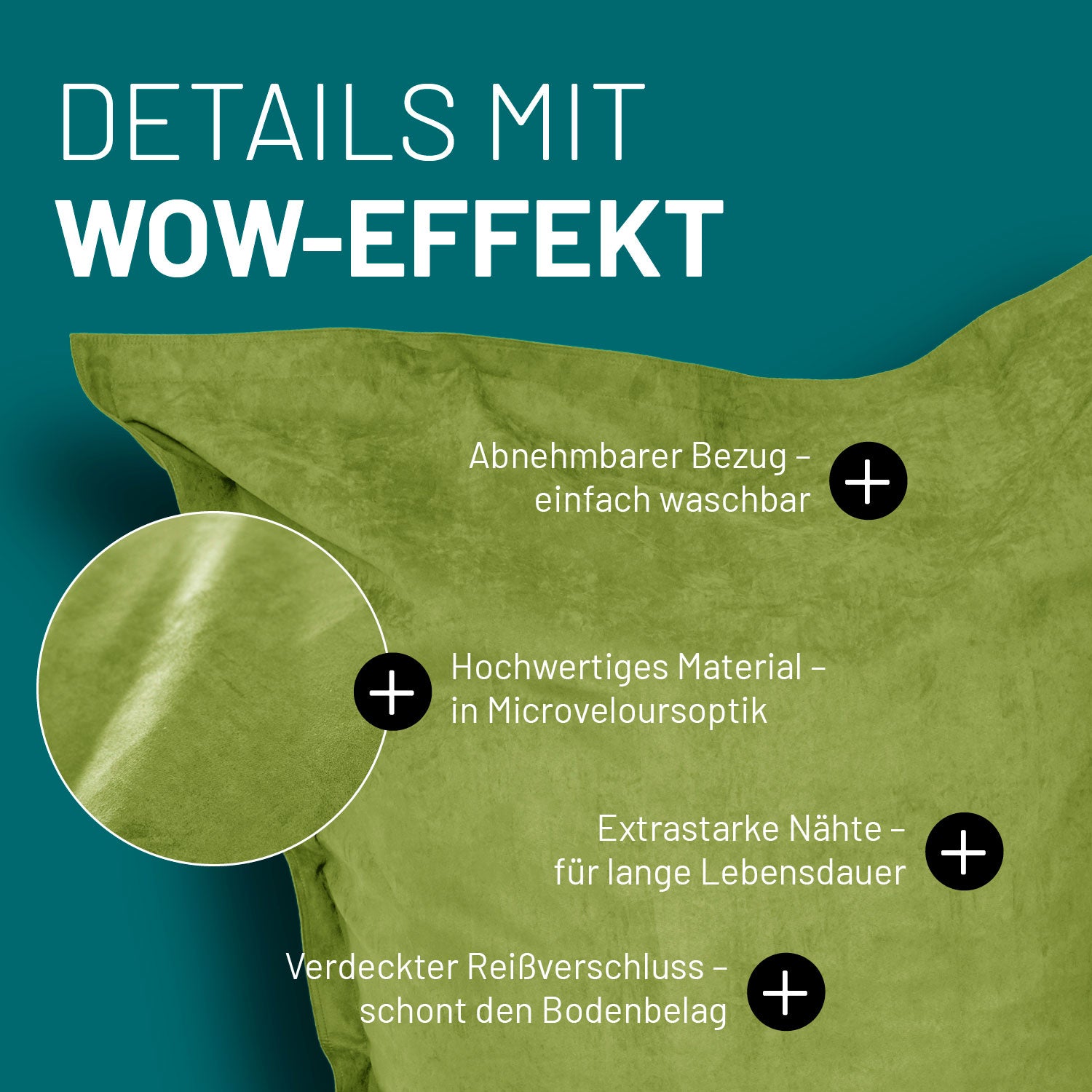 Grüner Sitzsack im Microvelours-Look auf blauem Hintergrund mit Text zu abnehmbarem Bezug, verdecktem Reißverschluss und hochwertigen, robusten Nähten.