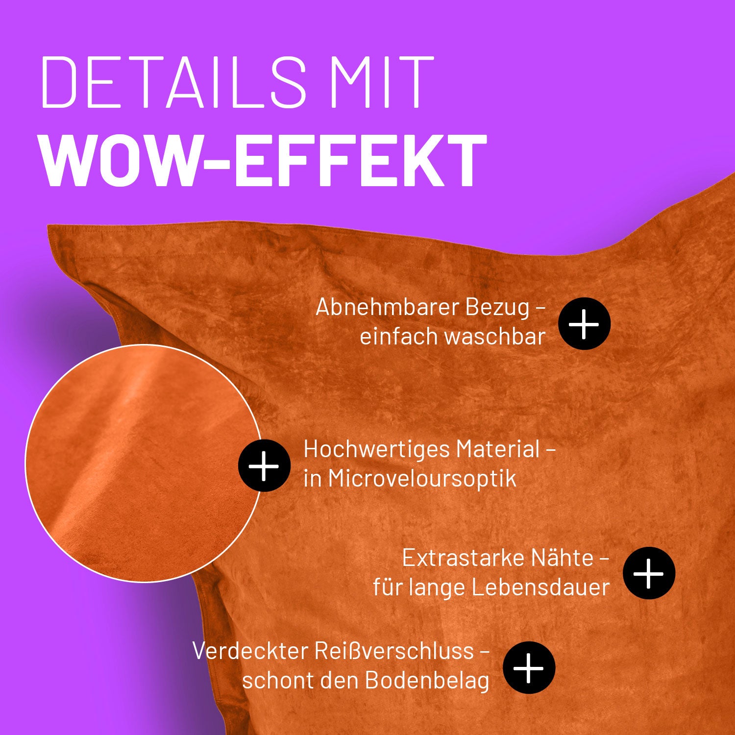 Oranger Sitzsack im Microvelours-Look auf lilanen Hintergrund mit Text zu abnehmbarem Bezug, verdecktem Reißverschluss und hochwertigen, robusten Nähten.