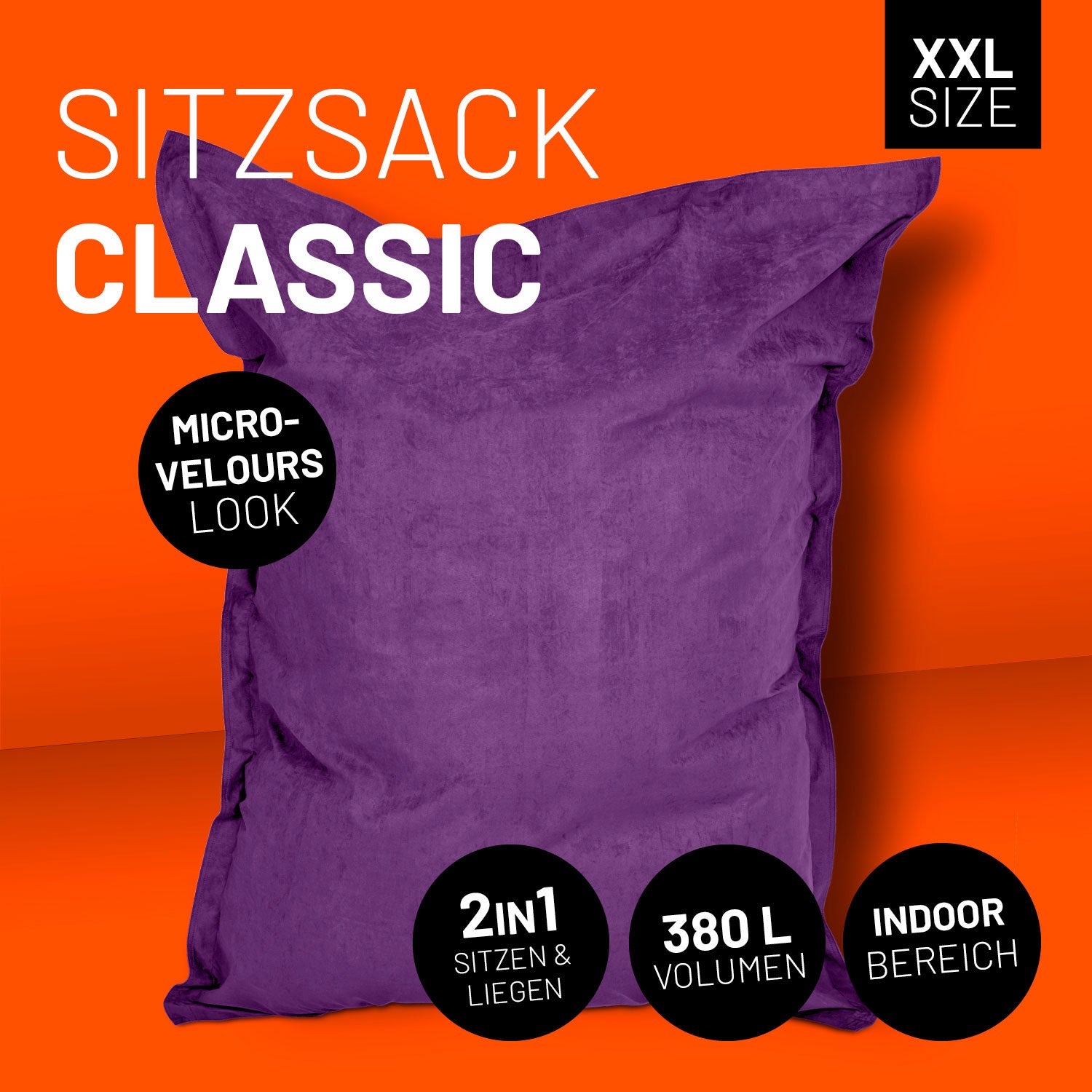 Lilaner XXL-Sitzsack im Microvelours-Look vor orangenem Hintergrund, mit Icons "380 L Volumen", "Indoor-Bereich" und "2-in-1 Sitzen & Liegen".