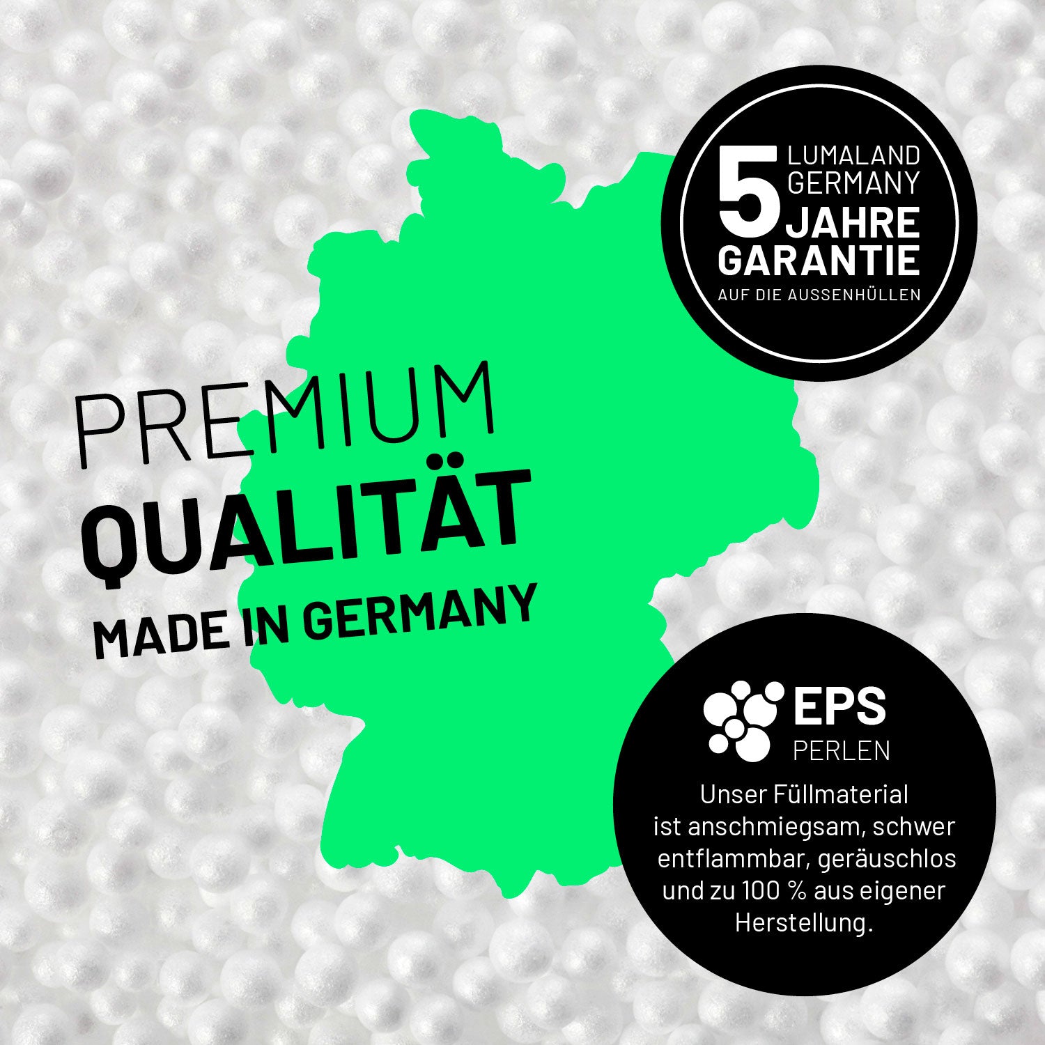 Umrisse der Deutschland-Karte mit Hinweis auf die EPS-Perlen und LUMALAND Germany 5 Jahre Garantie auf die Aussenhülle.